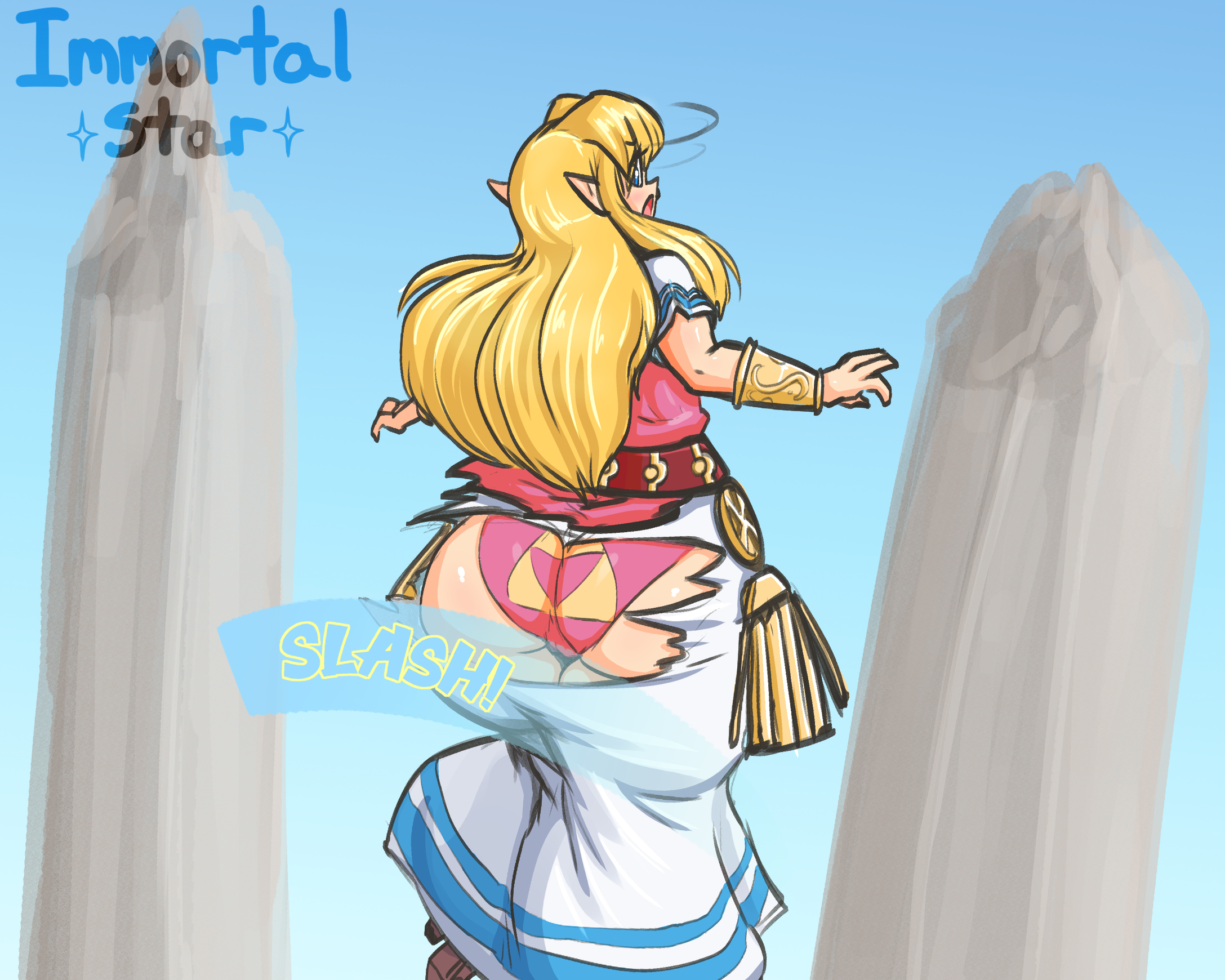 1girls, a link between worlds, ass, big ass, big butt, blonde hair, bottom heavy, breasts, bubble ass, bubble butt, fat ass, fat butt, female, female only, high heels, huge ass, immortalstar, large ass, large butt, long ears, long hair, nintendo, princess zelda, super smash bros., super smash bros. ultimate, the legend of zelda, thick ass, thick legs, thick thighs, torn clothes, torn dress, voluptuous, wide hips, zelda (a link between worlds)