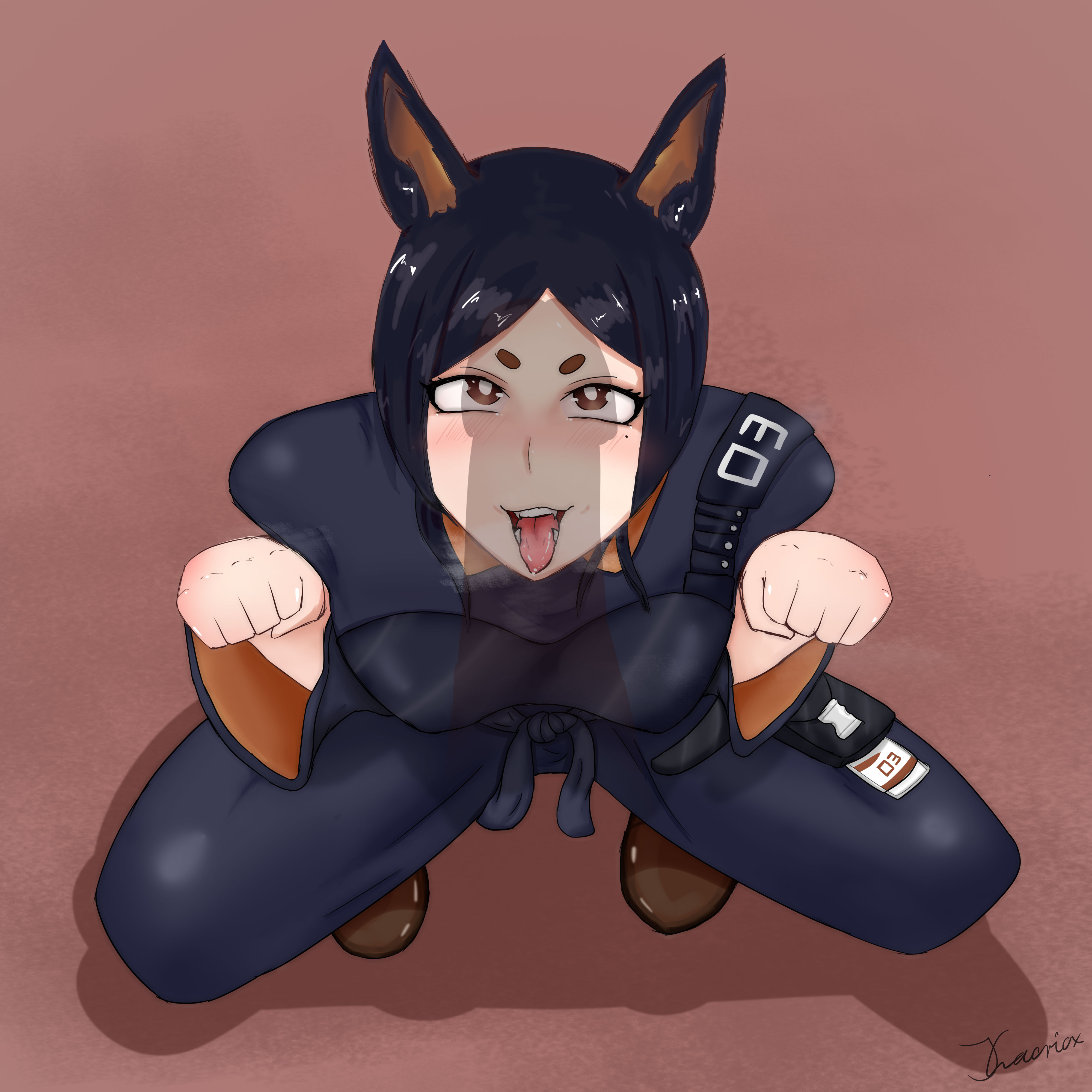 ahe gao, arknights, begging, black hair, dark blue hair, dobermann (arknights), dog ears, dog girl, eye contact, female, female only, imminent oral, jlacroix, kneeling, light skin, light-skinned female, looking at penis, male, military uniform, oral, oral sex, pale skin, pale-skinned female, panting, paw pose, penis, penis awe, penis shadow, petite, pov, red eyes, self upload, solo female, squatting, teenager, tongue, tongue out, uniform