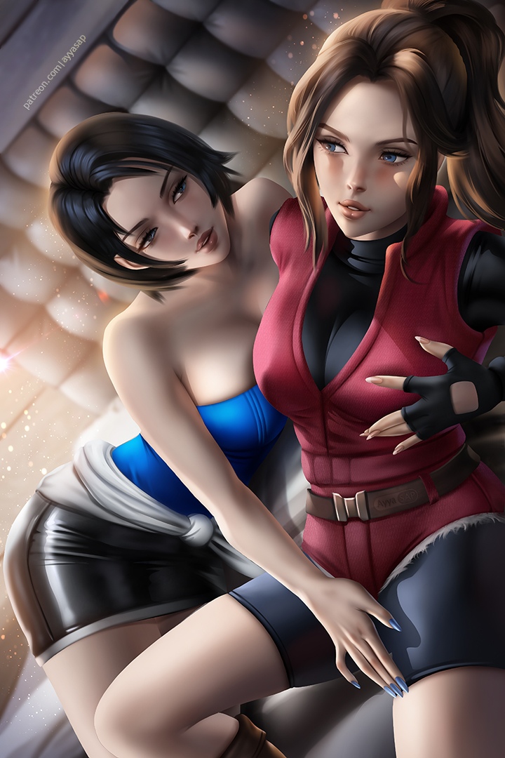 2girls, ayya saparniyazova, ayyasap, big breasts, black hair, blue eyes, breast grab, breast hold, breasts, brown hair, claire redfield, duo, female, female only, jill valentine, looking at another, resident evil, shorts, smiling, tight clothing