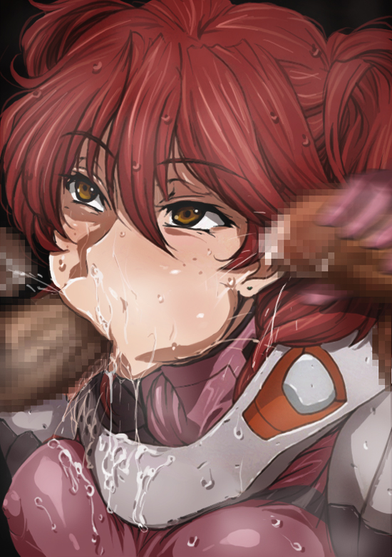 :>= blush censored dark-skinned_male erect_nipples fellatio female_villain freckles freckles_on_face gundam gundam_00 hyottokoaki mosaic_censoring multiple_penises nena_trinity nipples oral pale-skinned_female pale_skin penis red_hair saliva tekoki villainess