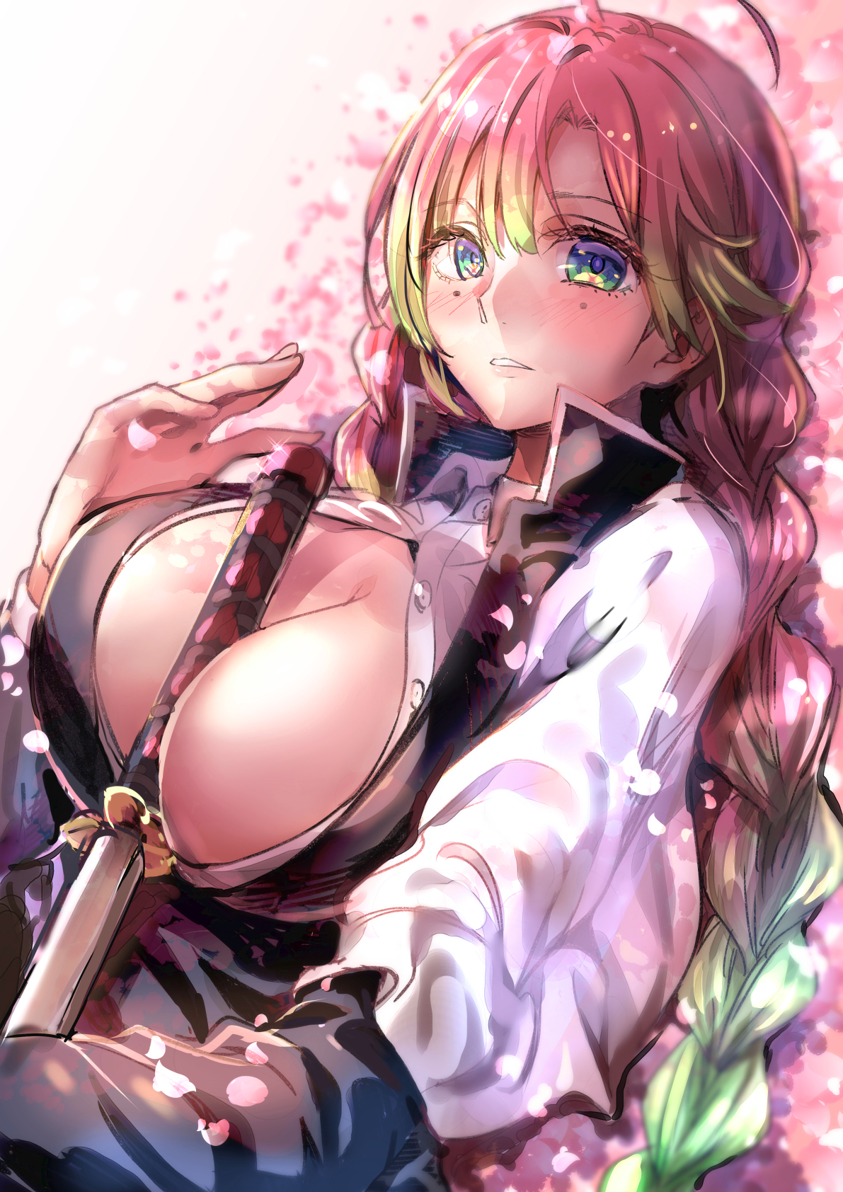 1girls, between breasts, braided hair, breasts, cleavage, demon slayer, female, green eyes, haori, high resolution, kanroji mitsuri, kimetsu no yaiba, large breasts, long hair, looking at viewer, multicolored hair, no bra, pink hair, pink-haired female, solo, sword, tied hair, uniform, upper body, very long hair, weapon