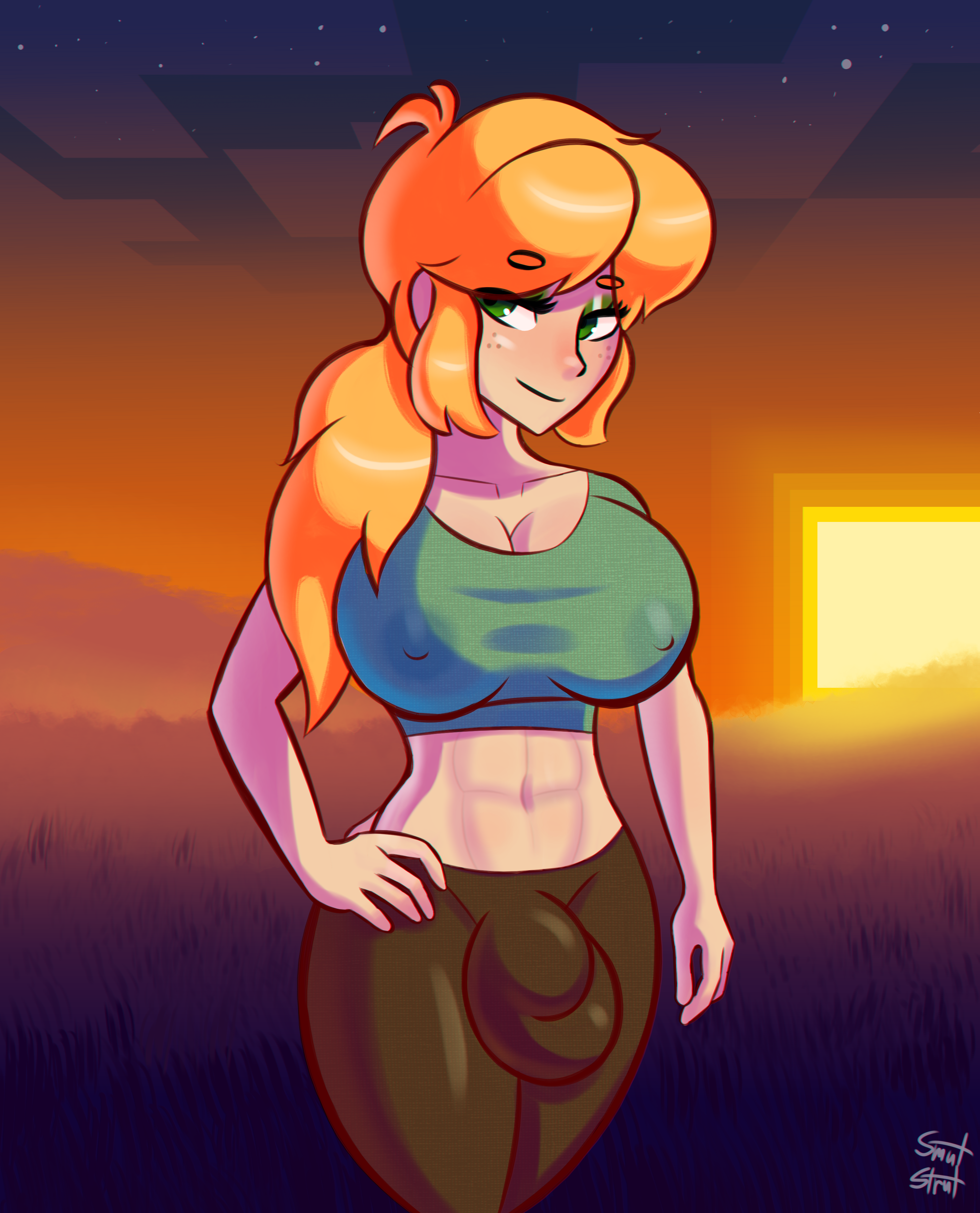 1futa, abs, alex (minecraft), background, bedroom eyes, big breasts, big penis, breasts, bulge, eyeshadow, freckles, futa only, futanari, green eyes, green shirt, half-closed eyes, hand on hip, hourglass figure, intersex, light skin, looking away, minecraft, muscular, nipple bulge, orange hair, penis, ponytail, shirt, smile, smutstrut, solo futa, thick thighs, tight clothing