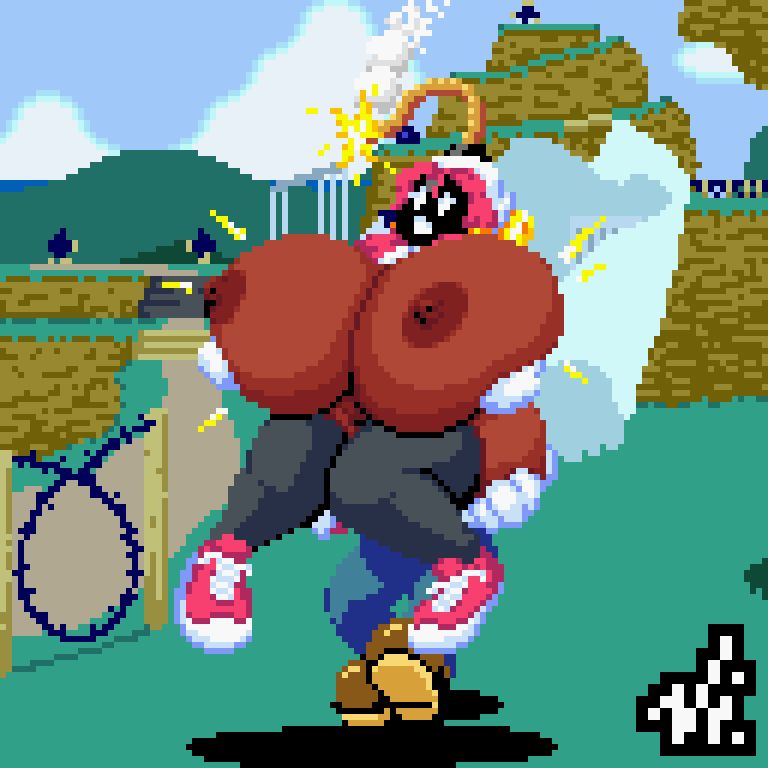 1boy 1girls aliasing bob-omb bob-omb_battlefield bomb_clip breast_expansion clothed clothing dark_skin female huge_breasts mario mario_(series) pink_hair pixel_art shy-bomb shy_gal solo_focus super_mario_64 thighhighs vi-nsfw