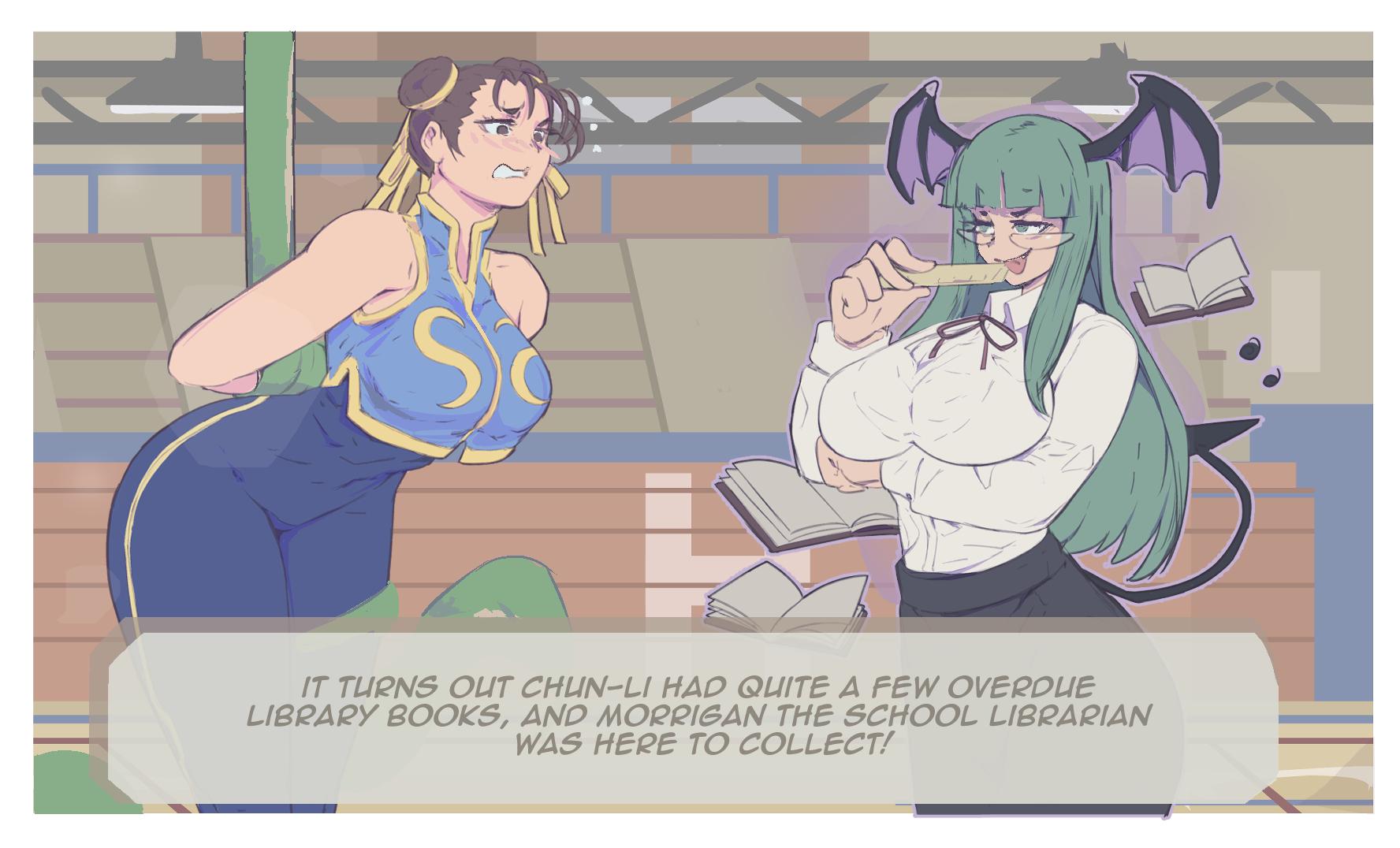 2girls, 7 passes, bondage, brown eyes, brown hair, capcom, chun-li, crossover, darkstalkers, glasses, green eyes, green hair, head wings, morrigan aensland, ruler, schoolgirl uniform, street fighter, succubus, succubus tail