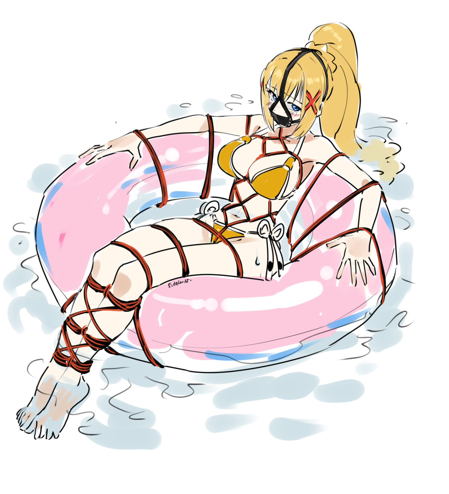 1girls, big breasts, blush, bondage, bound, bound ankles, bound arms, bound legs, bound wrists, breasts, cleavage, crotch rope, darkness (konosuba), eudetenis, female, female only, femsub, gag, gagged, harness gag, inflatable ring, kono subarashii sekai ni shukufuku wo!, legs tied together, panel gag, ponytail, revealing clothes, rope, rope between breasts, rope bondage, rope harness, swimsuit, swimwear, two piece swimsuit, vacation