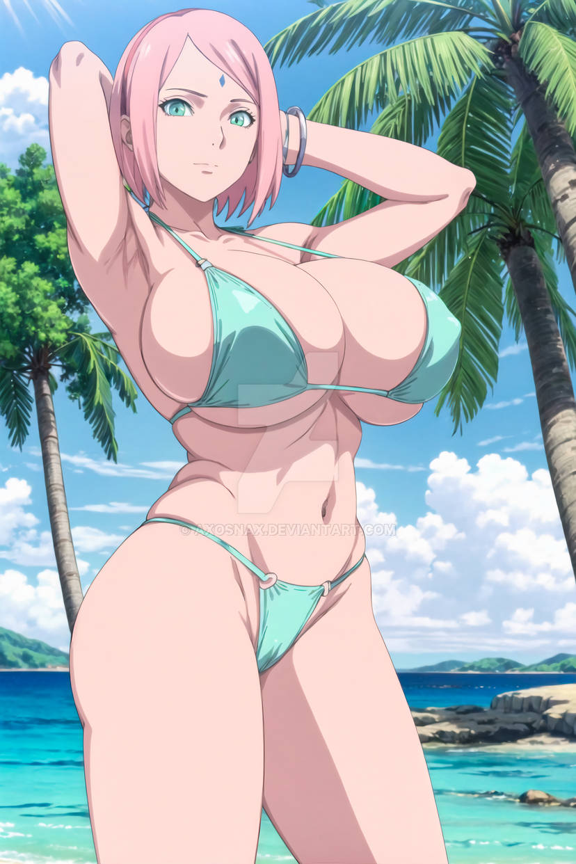 ai generated, ass, axosnax, beach, big ass, big breasts, bikini, bikini bottom, bikini top, boruto: naruto next generations, breasts, female, naruto, naruto (series), sakura haruno