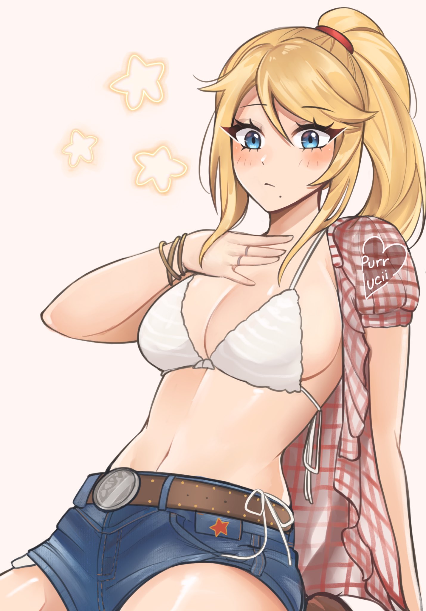 1girls, artist name, big breasts, bikini top, blonde hair, blue eyes, blush, breasts, busty, cosplay, denim, denim shorts, female, female only, gingham, jean shorts, kwon eun-bi (cosplay), large breasts, light skin, light-skinned female, long hair, metroid, nintendo, open shirt, ponytail, purrlucii, samus aran, shorts, solo, stars, waterbomb