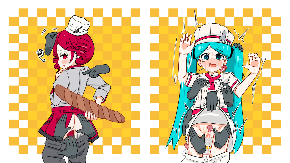 2d, 2d (artwork), 2girls, amazing moje, aqua eyes, aqua hair, ass, ass grab, back view, baguette, blue eyes, blue hair, blush, bread, breast grab, breasts, checkered background, chef, chef hat, chef uniform, clothes pull, clothing, crying, disembodied limb, drill hair, embarrassed, embarrassed female, female, food, groping, hat, hatsune miku, hetero, kasane teto, kasane teto (sv), licking, licking pussy, long hair, molestation, motion lines, multiple boys, multiple girls, mv character, no panties, obsolete meat, open mouth, panties, pantyhose pull, pussy, pussy juice, questionable consent, red eyes, red hair, simple background, skirt, skirt lift, spread ass, super moje, synthesizer v, tears, tongue, tremble spikes, trembling, twin drills, twintails, underwear, undressing, undressing another, utau, vagina, very long hair, vocaloid
