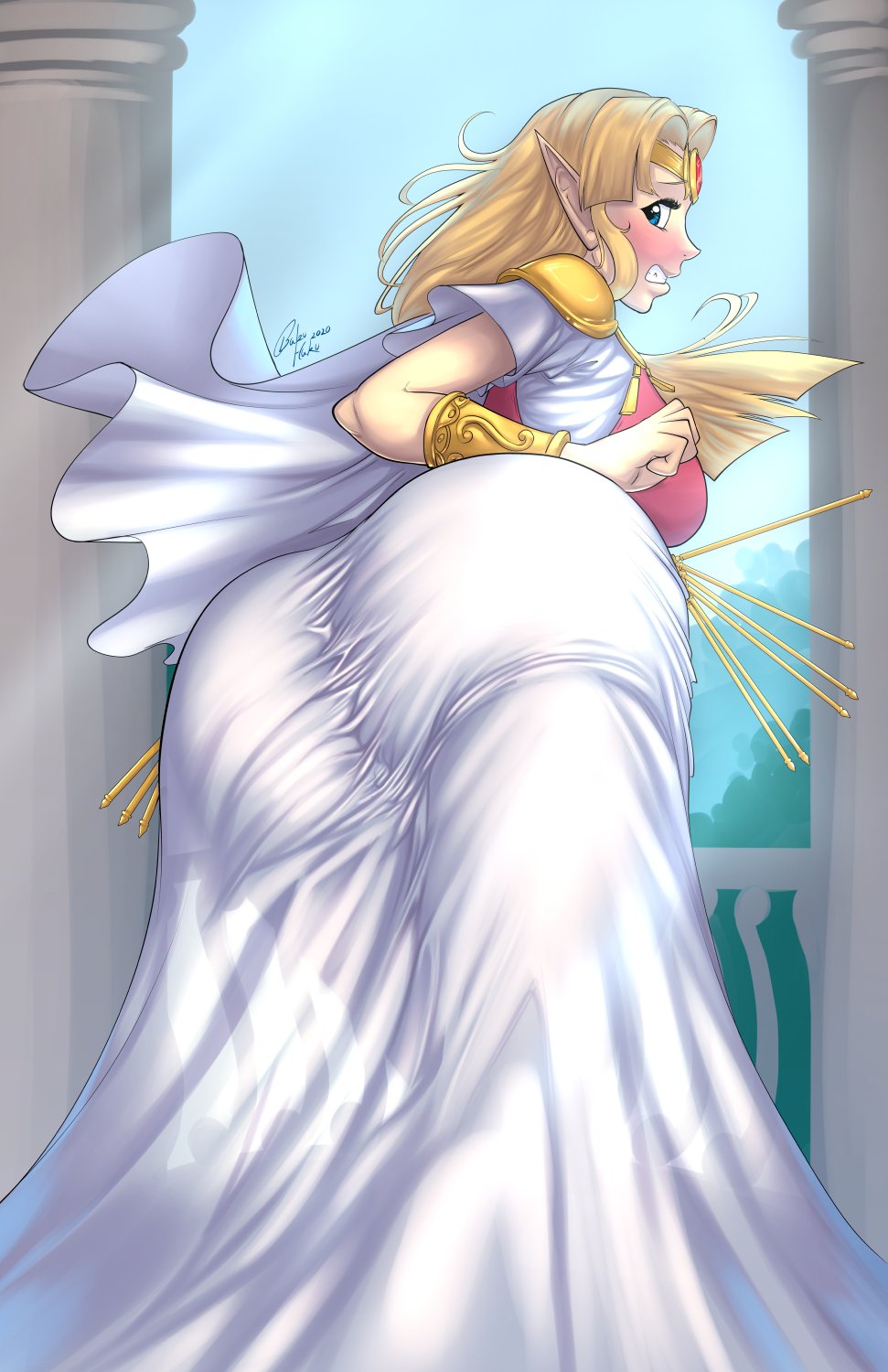 1girls, a link between worlds, ass, ass in dress, bakuhaku, big ass, female, female only, fully clothed, huge ass, looking at viewer, looking back, princess zelda, solo, super smash bros., the legend of zelda, zelda (a link between worlds)