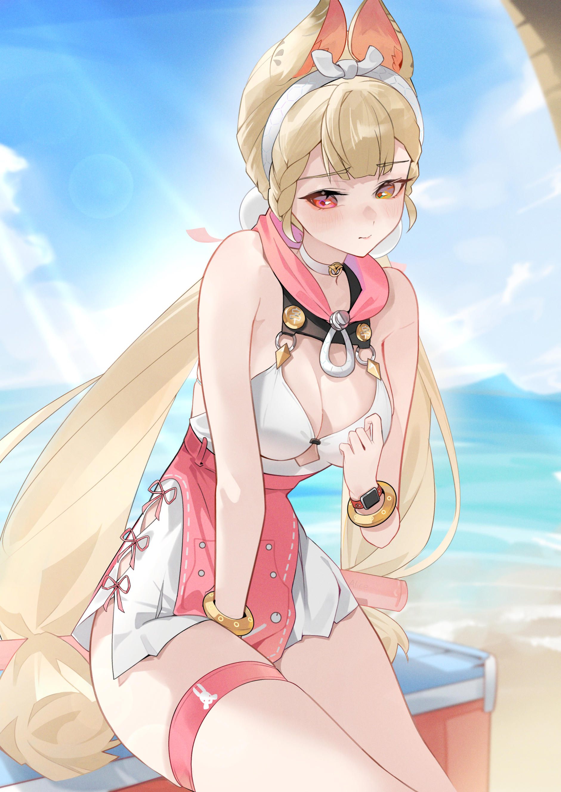 1girls, absurdres, alice thymefield, alice thymefield (sea of thyme), animal ears, bare shoulders, beach, big breasts, blonde hair, blue sky, breasts, cleavage, commentary, dress swimsuit, female, female only, hair ornament, heterochromia, highres, leo795, long hair, looking at viewer, low twintails, ocean, official alternate costume, rabbit ears, rabbit girl, red eyes, sitting, sky, solo, sphere hair ornament, swimsuit, thigh strap, twintails, yellow eyes, zenless zone zero