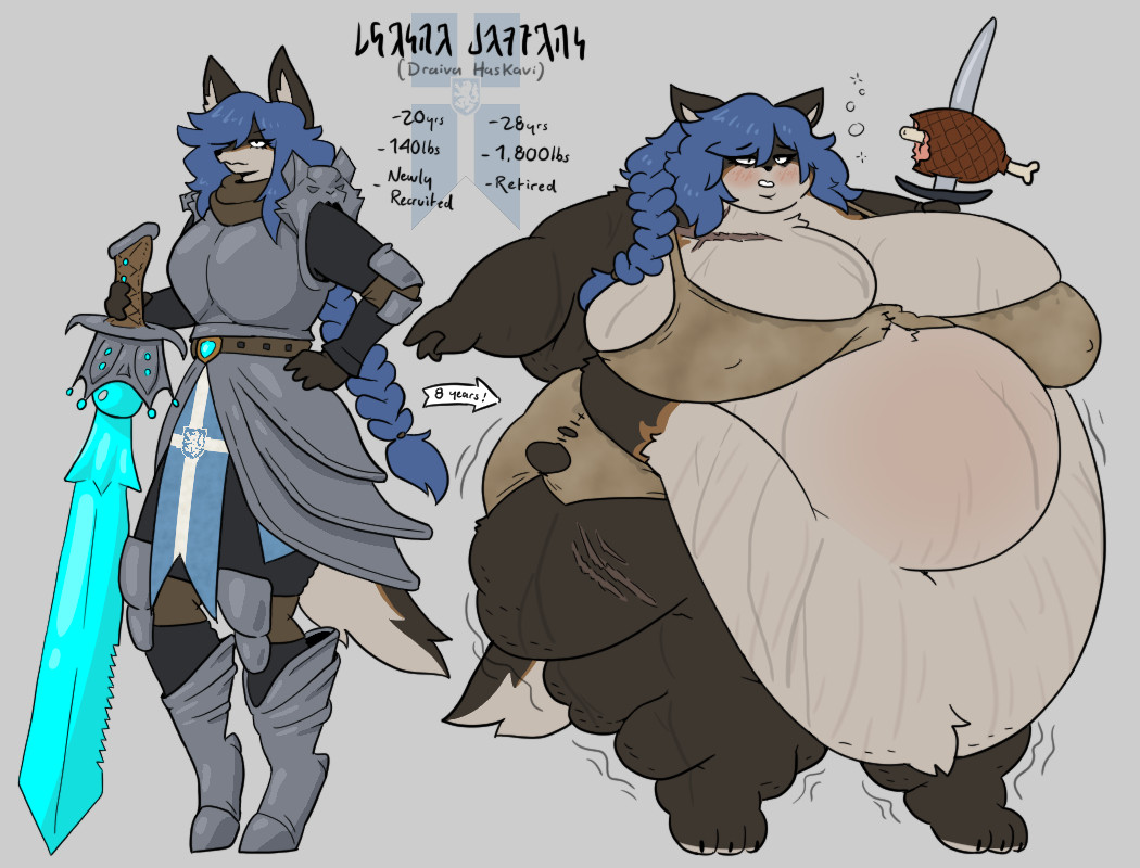 1girls, age difference, age progression, anthro, anthro only, ass, barely mobile, bbw, before and after, big belly, big breasts, blue hair, blue-haired female, blush, blushing, braid, braided hair, braided ponytail, breast scar, breasts, brown fur, cellulite, cleavage, cleavage overflow, clothed, clothed anthro, clothed female, double chin, dual persona, eating, eating food, eating meat, enormous belly, fat, fat arms, fat ass, fat belly, fat breasts, fat face, fat female, fat folds, fat legs, fat rolls, fat thighs, female, fit to fat, food, front view, fully clothed, fully clothed anthro, fully clothed female, furry, gigantic ass, gigantic belly, gigantic breasts, gigantic thighs, holding, holding object, holding sword, holding weapon, huge ass, huge belly, huge breasts, huge thighs, hyper belly, hyper breasts, leg scar, long hair, long-haired female, meat, mexifurfoof, morbidly obese, morbidly obese anthro, morbidly obese female, motion lines, navel, obese, obese anthro, obese female, overflowing breasts, overweight, overweight anthro, overweight female, parted lips, partially clothed, partially clothed anthro, partially clothed female, ponytail, ripped clothing, ripped pants, scar on breasts, scar on leg, scars, scars on thighs, sideass, size difference, struggling, sword, tattered clothing, thick thighs, thigh scar, three-quarter view, thunder thighs, tied hair, timeskip, underass, weapon, weight gain, weight gain female, white countershading, wide hips