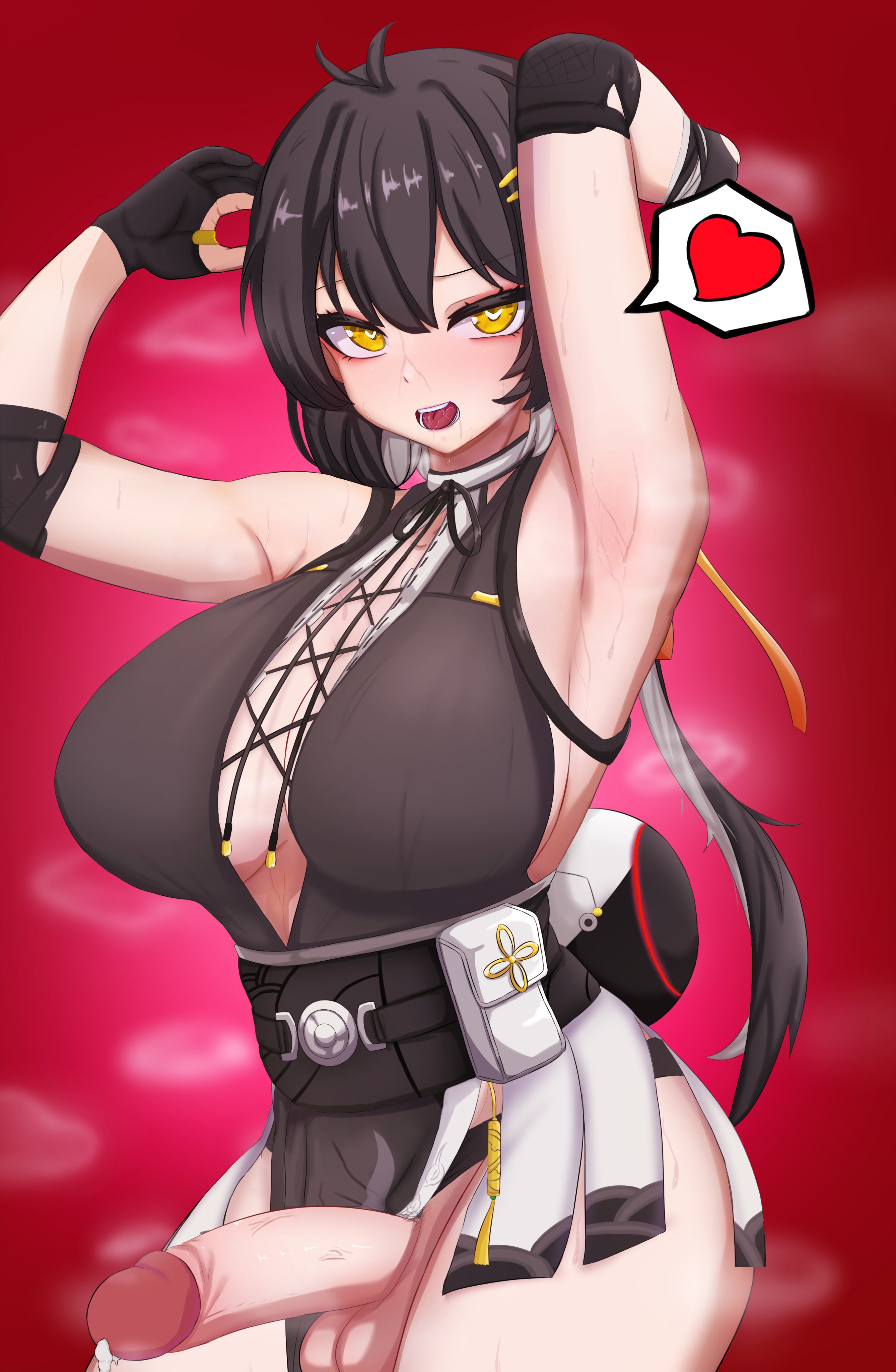 1futa, absurd res, alternate version available, armpits, arms up, big breasts, bottomless, breasts, cum, cumdrip, female, female rover (wuthering waves), futa focus, futa only, futanari, gloves, highres, intersex, large breasts, light skin, light-skinned futa, mostly clothed, penis, penis out, precum, rover (wuthering waves), saliva, shudding, sweat, sweatdrop, thick thighs, uncensored, wide hips, wuthering waves, yellow eyes
