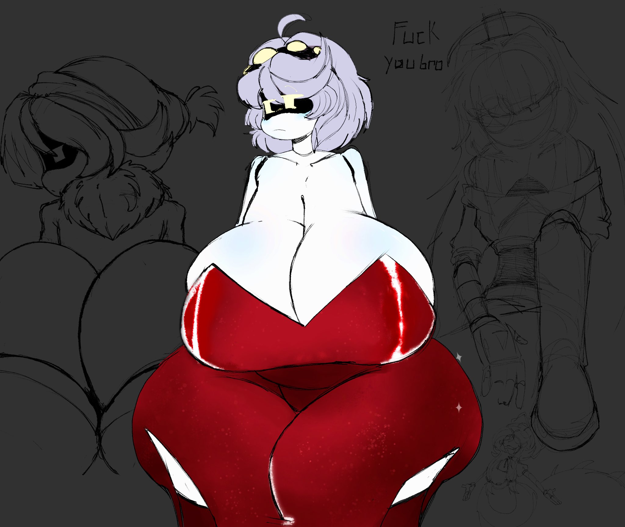 ass, ass bigger than head, beanie, breasts, breasts bigger than head, cleavage, clothed, cyn (murder drones), doll (murder drones), eye patch, female, female only, fuck you, hanging breasts, huge ass, huge breasts, hyper ass, hyper breasts, murder drones, no bra, prom dress, prom queen, red dress, revealing clothes, robot, robot girl, sideboob, u nkno3ngrounds, uzi (murder drones), v (murder drones)