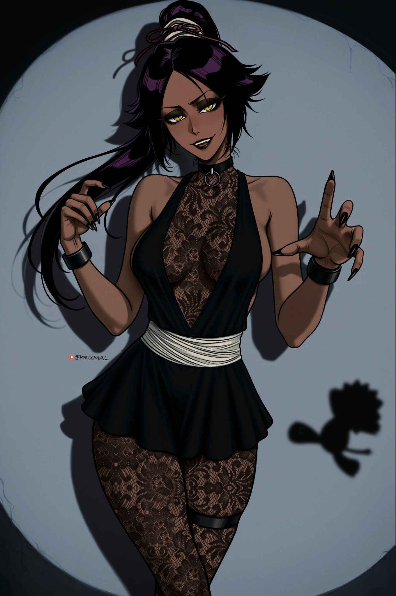 1girls, artist name, black eyeshadow, black fingernails, bleach, breasts, busty, collar, dark skin, dark-skinned female, fangs, female, fit female, goth, goth girl, lace, makeup, ponytail, prixmal, purple hair, purple-haired female, shihouin yoruichi, slit pupils, spotlight, stockings, yellow eyes
