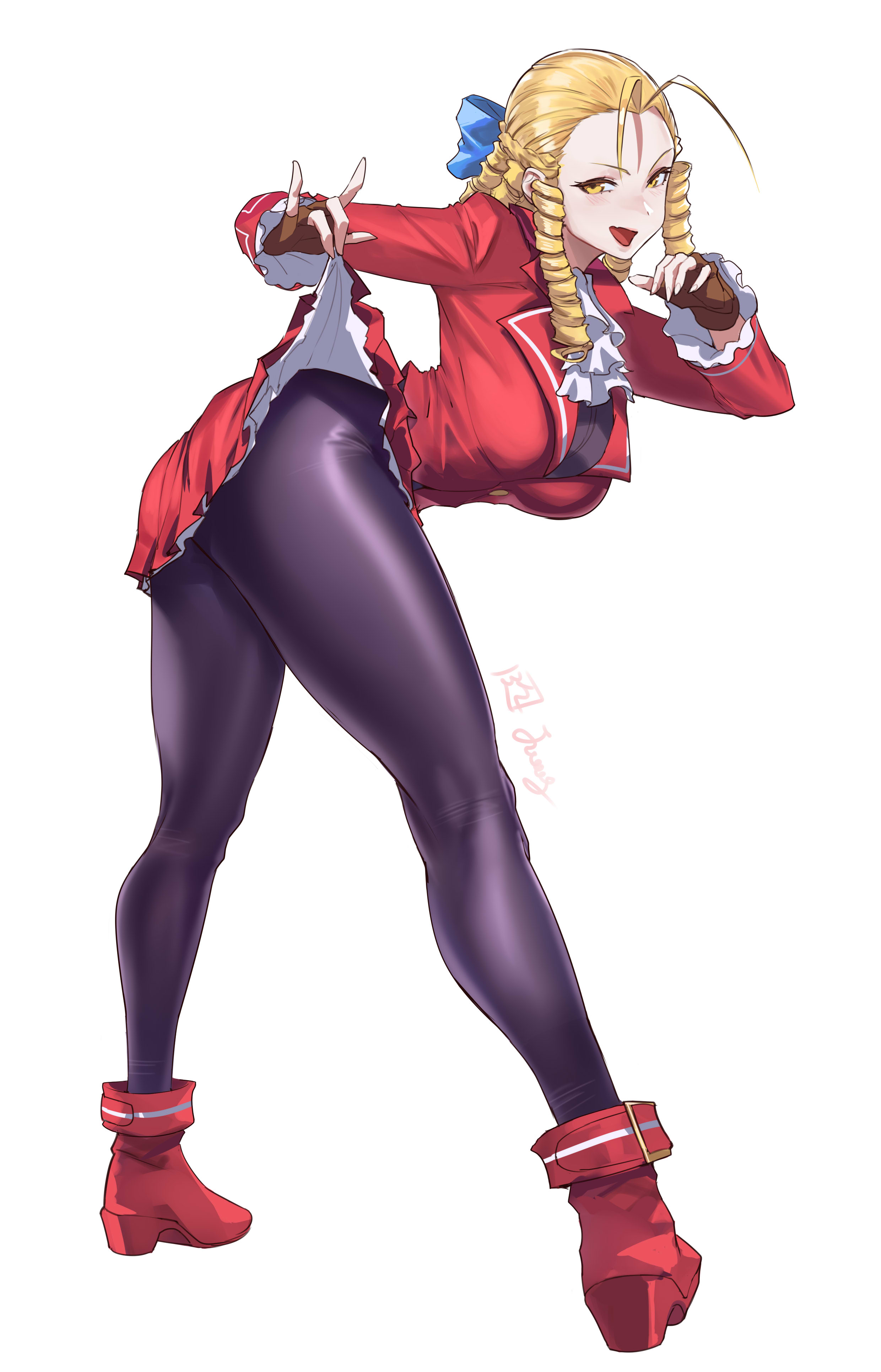 1girls, absurdres, ascot, bent over, big ass, big breasts, black pantyhose, blazer, blonde hair, blue bow, breasts, brown gloves, clothes lift, commentary request, female, female only, full body, gloves, highres, jacket, juaag acgy, karin kanzuki, large breasts, layered ascot, legs, long hair, looking at viewer, multiple drills, open mouth, pantyhose, red jacket, red shoes, red skirt, school uniform, shoes, simple background, skirt, skirt lift, smile, solo, standing, street fighter, street fighter v, white ascot, white background, yellow eyes
