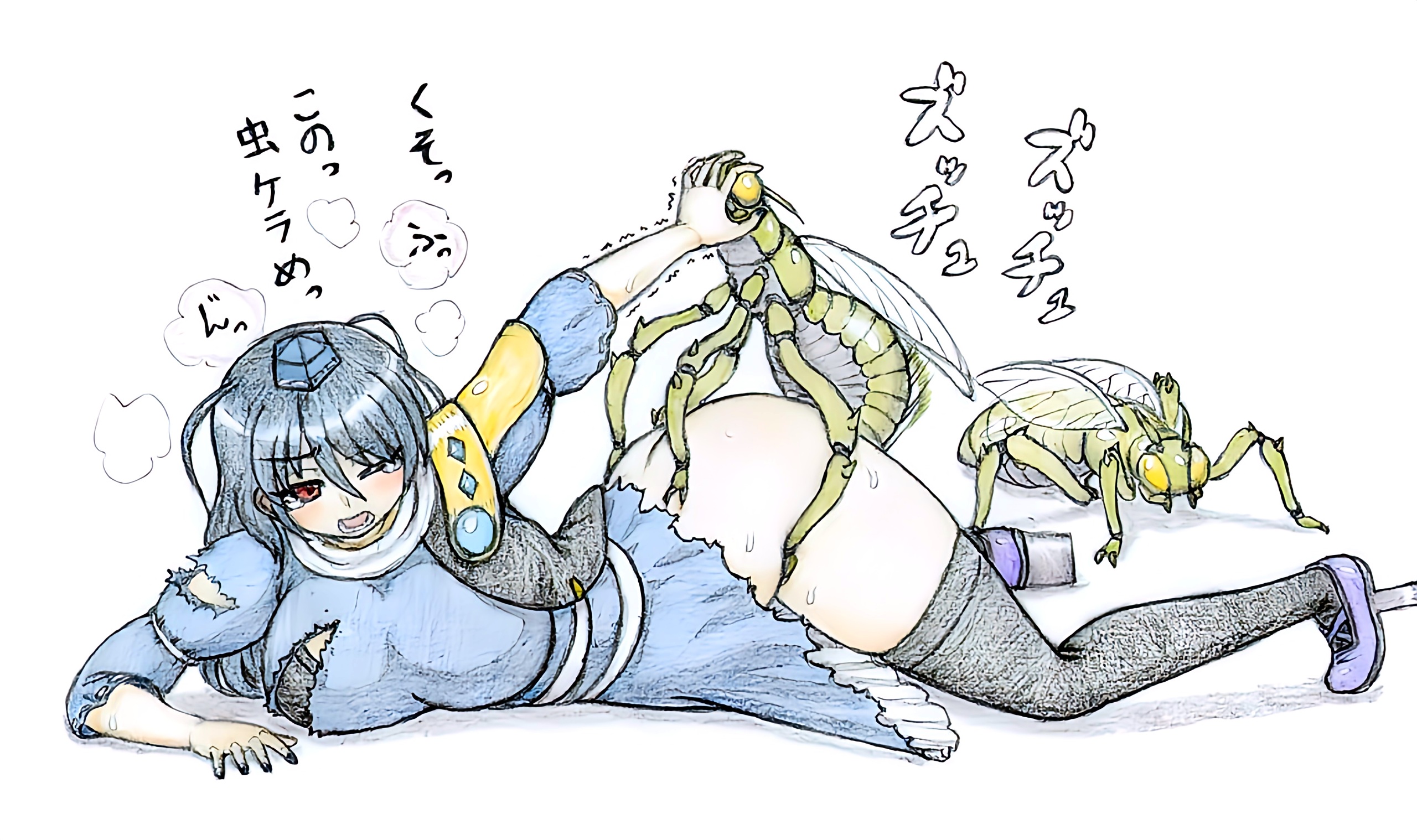 1girls, 2boys, 2d, blue hair, blush, bottomless, breath, bug, defeated, female, female focus, hand on head, hat, iizunamaru megumu, insectophilia, insects, interspecies, male, nail polish, open mouth, p-man-daikaku, prone bone, rape, red eyes, resisting, resisting rape, ripped clothing, straight, tears, tengu, thick thighs, thighhighs, thighs, touhou, traditional media (artwork), trembling, visible bra, visible breath, visible underwear, waiting for turn, zoofilia, zoophilia