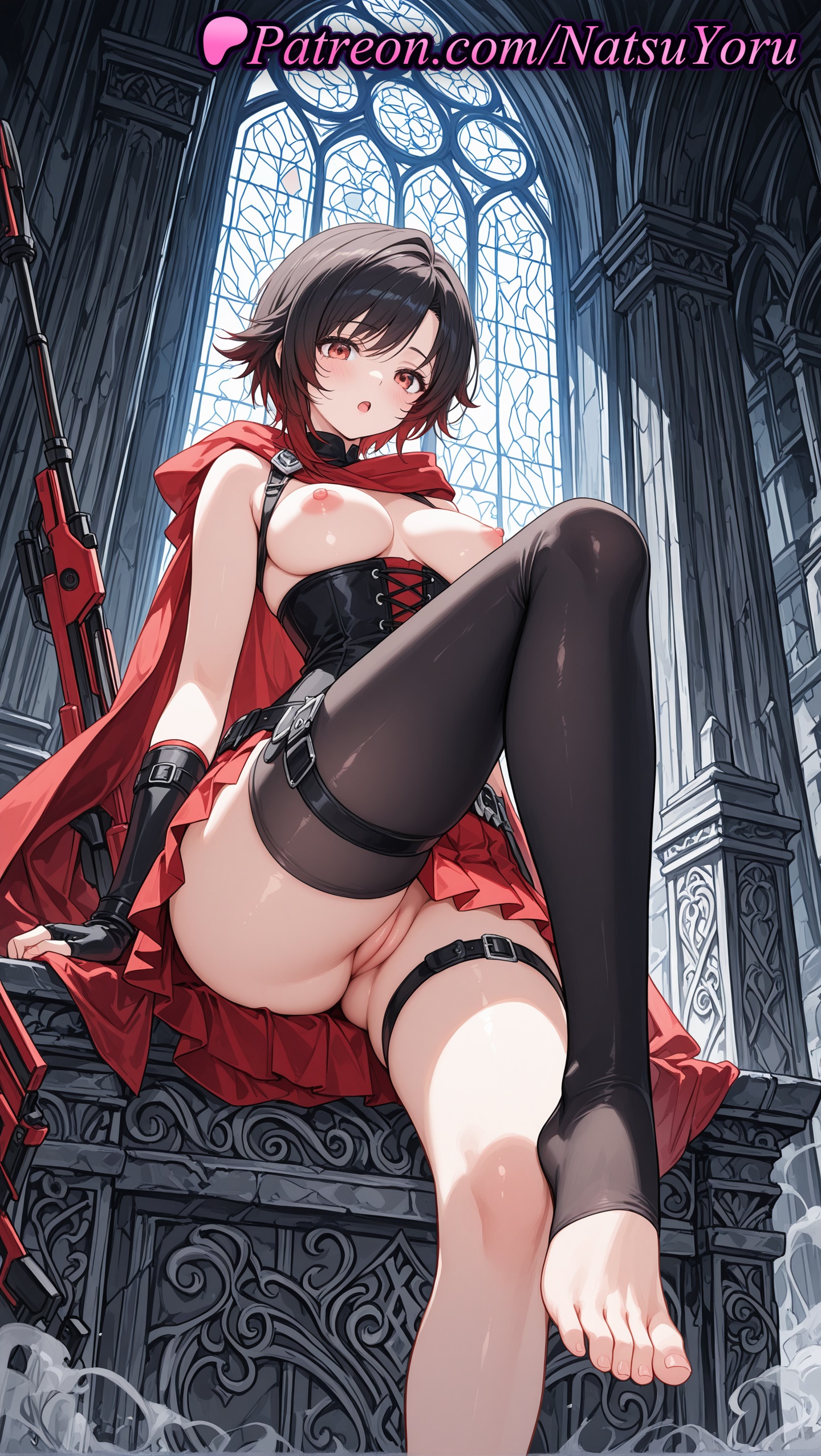 1girls, 2025, ai generated, black hair, black thighhighs, breasts, cape, corset, crescent rose, feet, female, female only, fingerless gloves, gloves, hi res, highres, hooded cloak, legs, looking at viewer, natsuyoru, nipples, no panties, no shoes, open mouth, patreon, pussy, red cape, red eyes, red hair, red skirt, ruby rose, rwby, rwby ice queendom, short hair, single thighhigh, sitting, skirt, solo, thigh strap, thighhighs, thighs, toeless legwear, toes, uncensored, vagina, voluptuous, voluptuous female, weapon