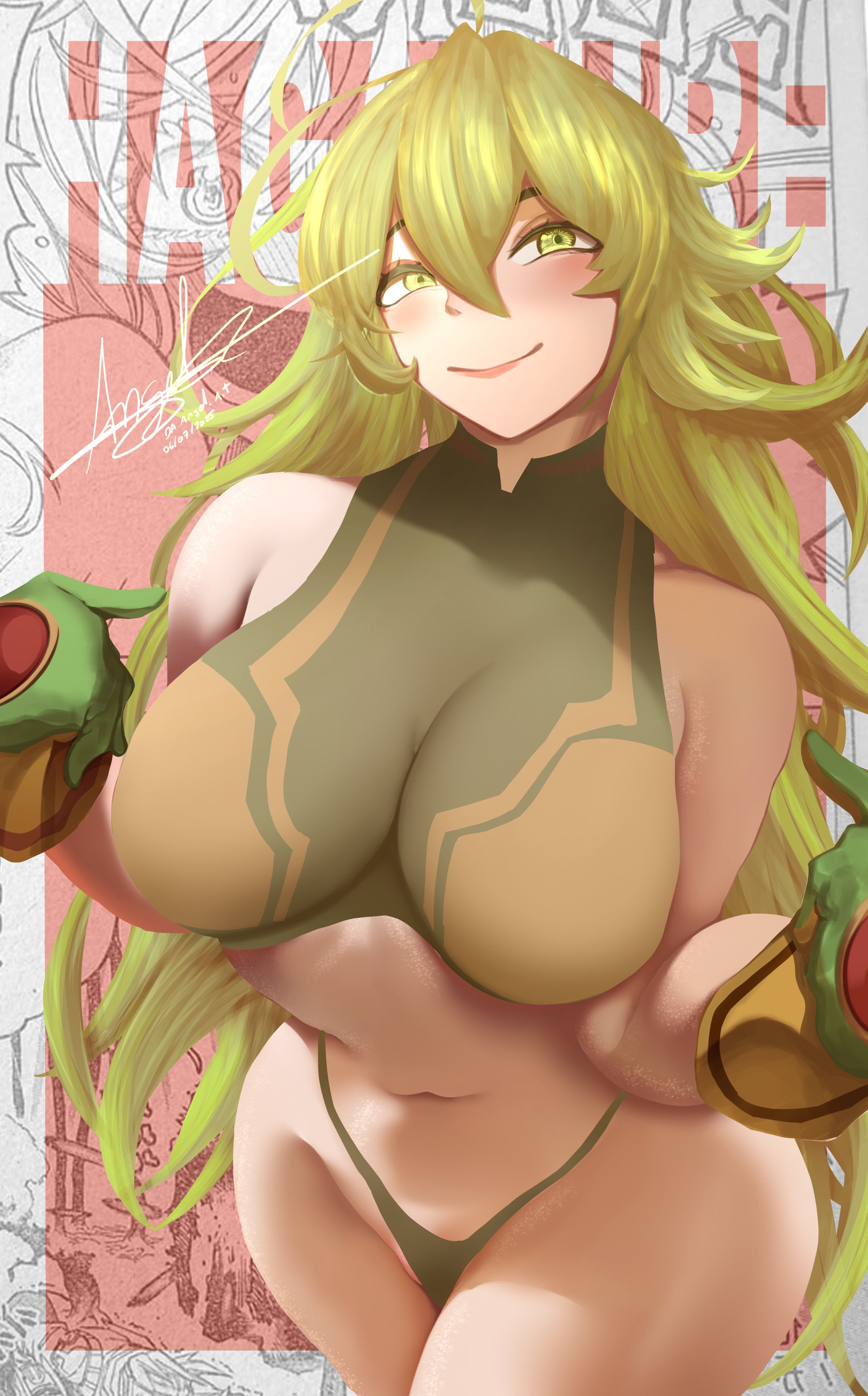 1girls, ahoge, boku no hero academia, breasts, da artist17, female, female focus, female only, green eyes, green hair, green-haired female, hi res, large breasts, light skin, light-skinned female, looking at viewer, midriff, my hero academia, my hero academia (finale), post-timeskip, smile, solo, thighs, time skip, tooru hagakure, tooru hagakure (post-timeskip), tooru hagakure (visible), wide hips