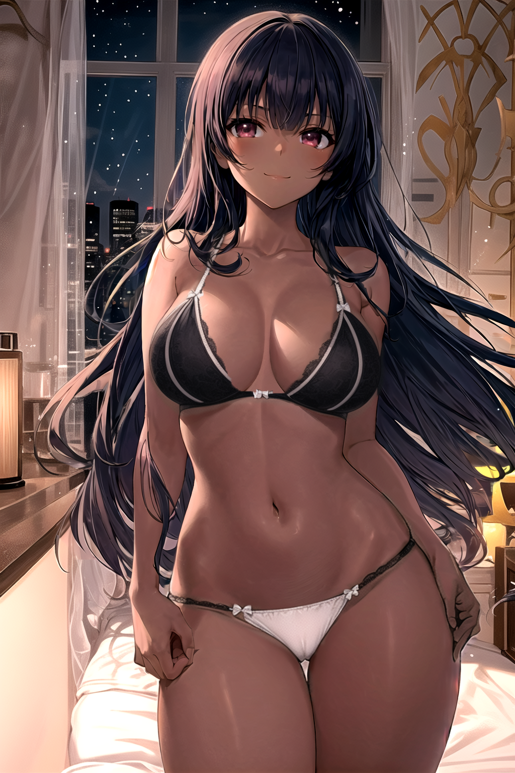 ai-created ai_generated bangs bare_arms bare_shoulders bed bedroom black_bra black_clothes black_hair black_panties black_underwear blush bra breasts cameltoe clavicle cleavage closed_mouth clothing cowboy_shot curtains dark-skinned_female dark_skin female female female_only high_resolution indoors lamp large_breasts latina lingerie long_hair looking_at_viewer navel night night_sky on_bed original pantsu pillow portrait purple_eyes red_eyes rena_aikawa_(pixiv_user) sky smile solo standing star_(sky) starry_sky stomach thigh_gap thighs underwear underwear_only very_long_hair white_bra white_panties white_underwear window