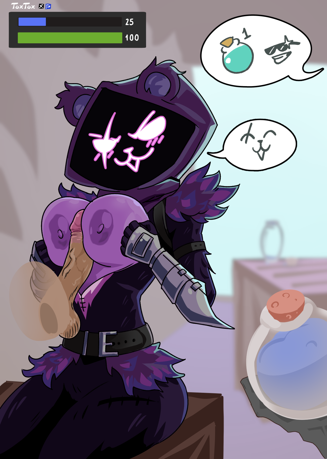 anthro, anthro female, areola, blush, blush lines, breast squeeze, breasts, breasts out, female, fortnite, paizuri, pink eyes, purple fur, purple skin, raven team leader, raven team leader (fortnite), talking to viewer, tox tox