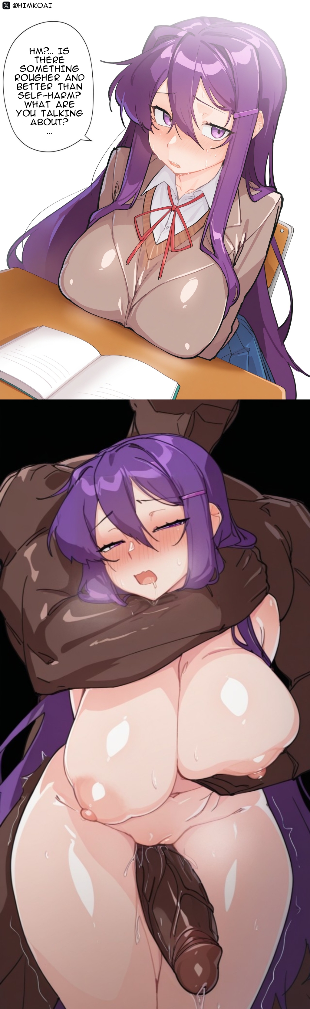 1boy, 1girls, 2koma, ai generated, big breasts, breasts, comic, completely nude, dark skin, dark-skinned male, dialogue, doki doki literature club, female, grabbing, grabbing another's breast, grabbing breasts, grabbing from behind, hair ornament, himkoai, instant loss, instant loss 2koma, interracial, large breasts, long hair, male, mature female, naked, nude, purple eyes, purple hair, school uniform, straight, thick thighs, thigh sex, wide hips, yuri (doki doki literature club)