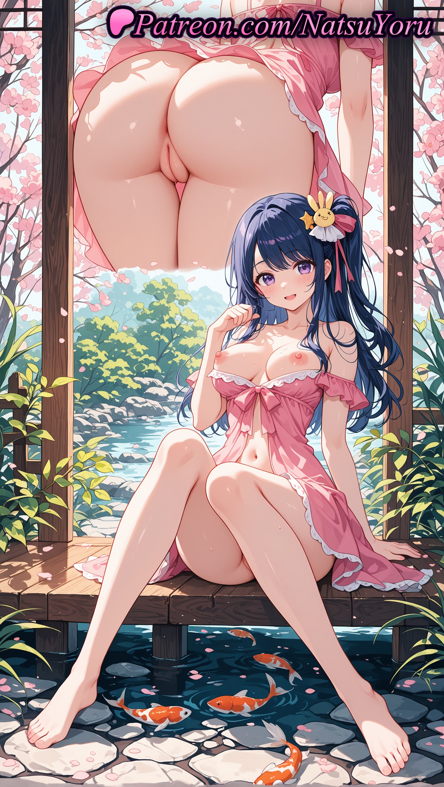 1girls, 2025, ai generated, ass, babydoll, bangs, bare shoulders, barefoot, blue hair, blush, breasts, feet, female, fish, flower, goldfish, hair flower, hair ornament, hi res, highres, hoshino ai, koi, large breasts, long hair, looking at viewer, multiple views, natsuyoru, navel, nipples, one side up, open mouth, oshi no ko, oshiri, patreon, pink dress, purple eyes, purple hair, pussy, sitting, smile, soaking feet, solo, toes, vagina, voluptuous, voluptuous female