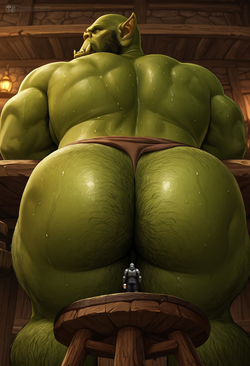 ai assisted, ai generated, ass, bara, buttcrush, chair, el skelly traquina, facial hair, fantasy, flaccid, gay, green body, green skin, hairy ass, hairy male, huge ass, huge pecs, macro, male, male only, muscles, muscular, nipples, nude, orc, orc (warcraft), orc male, penis, sat on, sitting, sitting on chair, sitting on person, sweat, sweating, tavern, yaoi