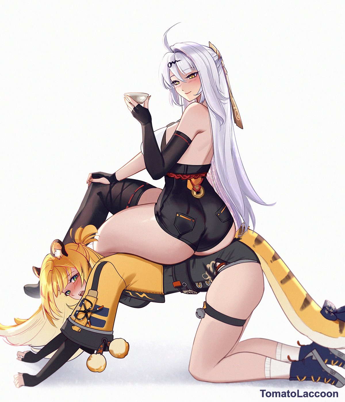 2girls, all fours, artist name, ass, ass focus, blush, breasts, closed mouth, crossed legs, female, from behind, full-face blush, holding cup, huge ass, ju fufu, large breasts, looking at another, looking back, multiple females, multiple girls, open mouth, sitting on another, smile, thick thighs, tomatolaccoon, tomatolacoon, upper teeth, wide hips, worried, yixuan (zenless zone zero), zenless zone zero