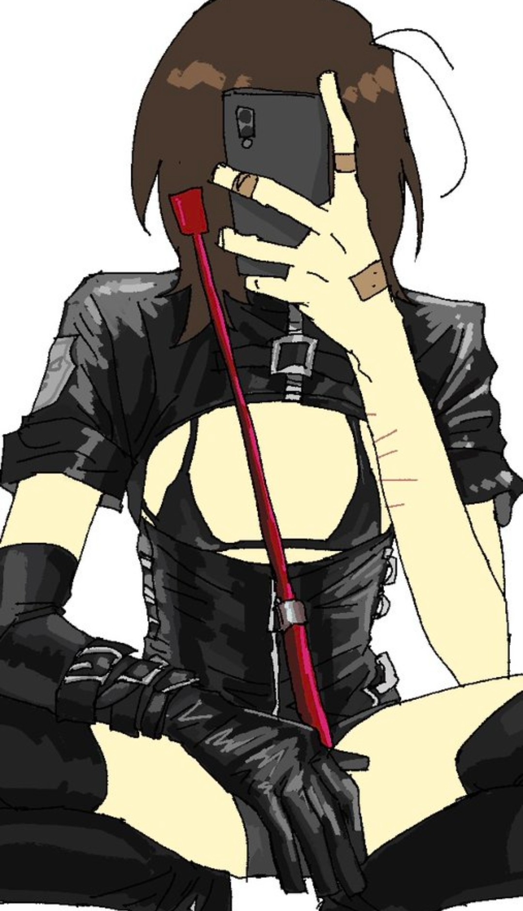 1nonbinary, artist request, black bra, black lingerie, boob window, deltarune, dominatrix, dominatrix clothing, flat chest, holding phone, kris (deltarune), kris female (deltarune), selfie, tagme