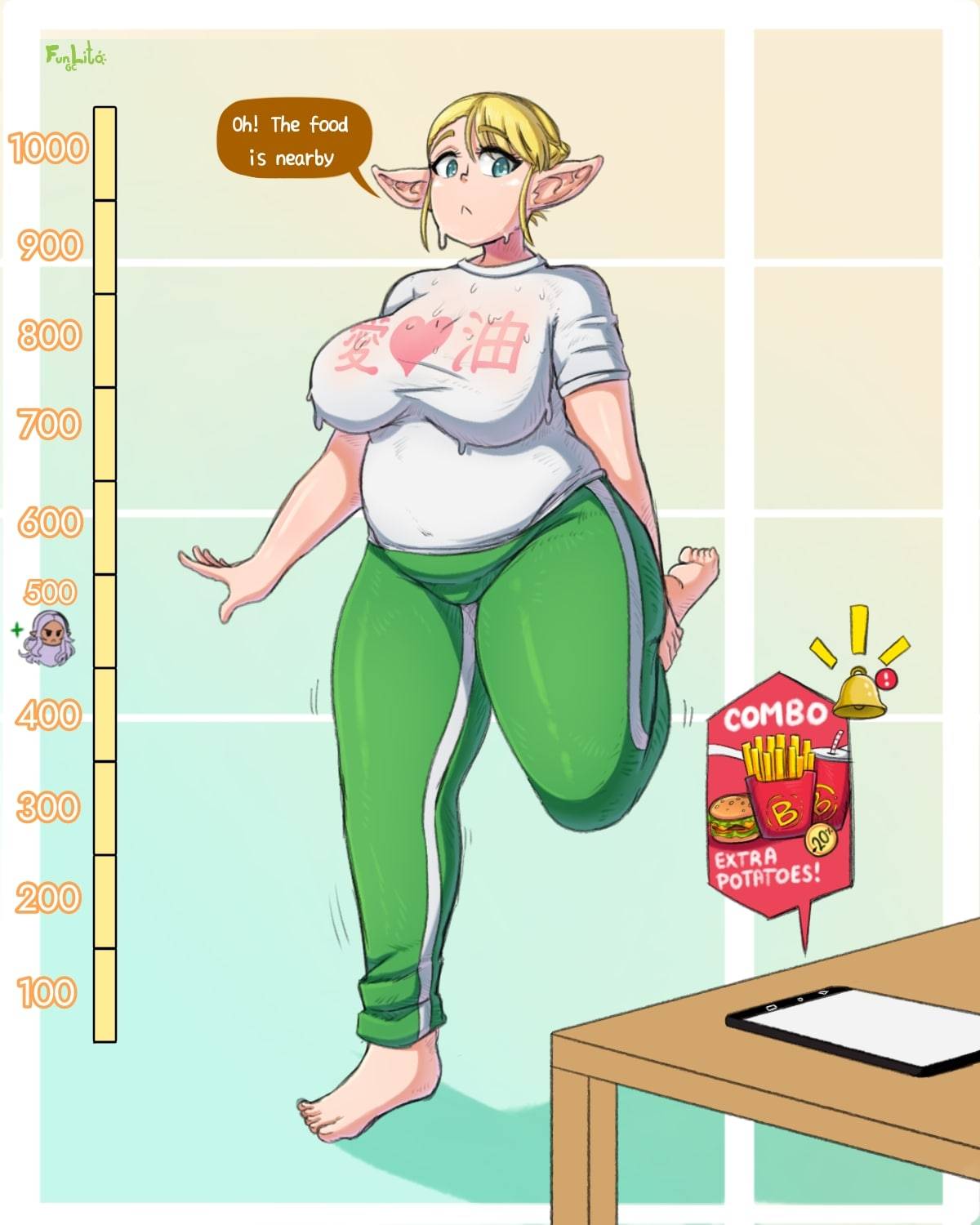 1girls, big belly, big breasts, blonde hair, breasts, chubby, chubby belly, chubby female, donation drive, elf, elf ears, elf-san wa yaserarenai, elfuda, female, female only, food, funlitogc, gassychan (artist), green pants, large breasts, legs up, light skin, light-skinned female, looking at phone, navel, pale skin, pale-skinned female, pointy ears, short hair, sweat pants, sweating, sweaty