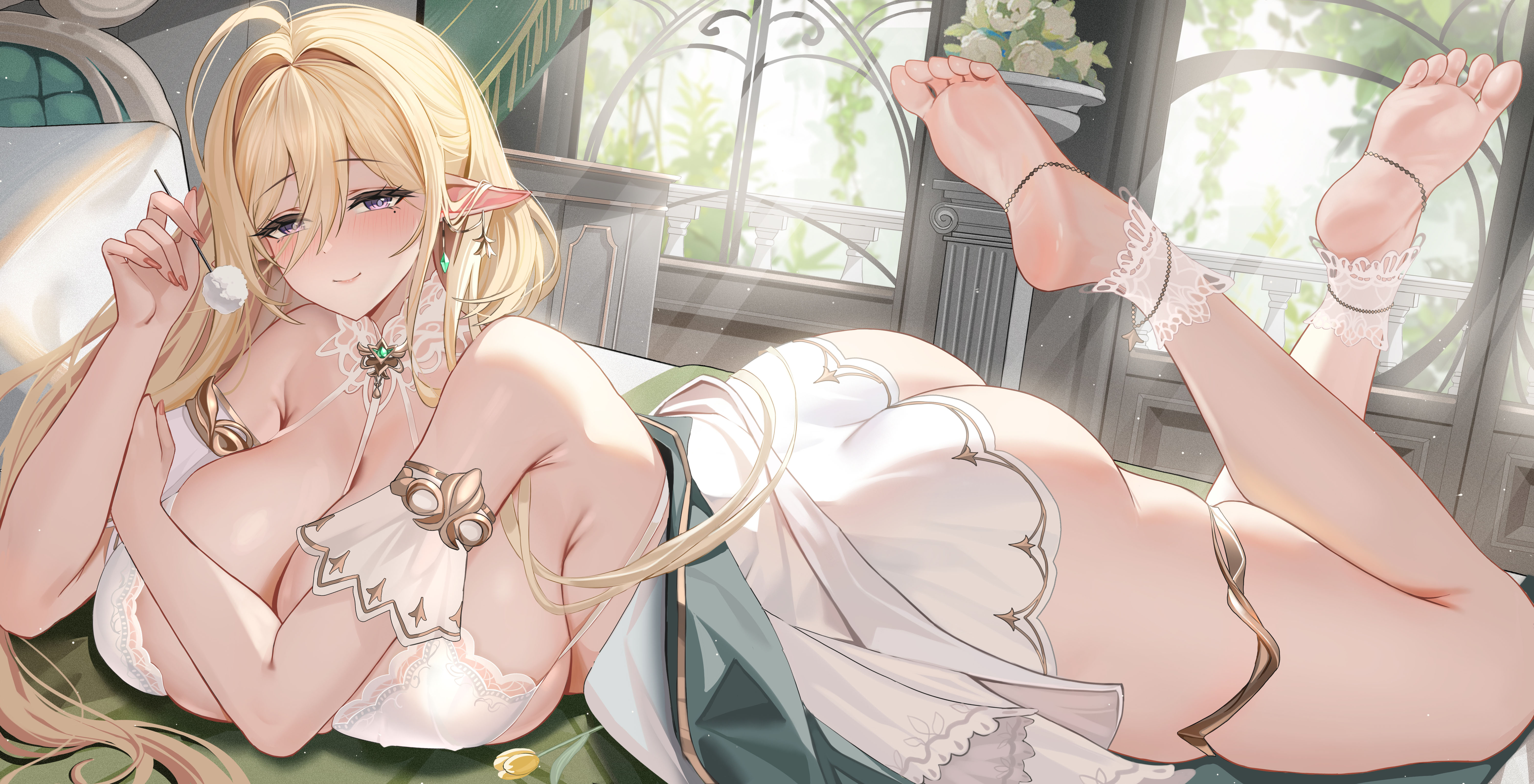 1girls, absurdres, ass, azur lane, bare shoulders, barefoot, blonde hair, blush, breasts, chinese commentary, cleavage, closed mouth, commentary request, elf, female, full body, gouden leeuw (azur lane), hair between eyes, highres, holding, huge breasts, indoors, jewelry, kingdom of tulipa (azur lane), light skin, light-skinned female, long hair, looking at viewer, lying, mimikaki, mole, mole under eye, on stomach, pointy ears, purple eyes, skindentation, smile, soles, solo, sunlight, thighlet, thighs, window, yijiufantexi
