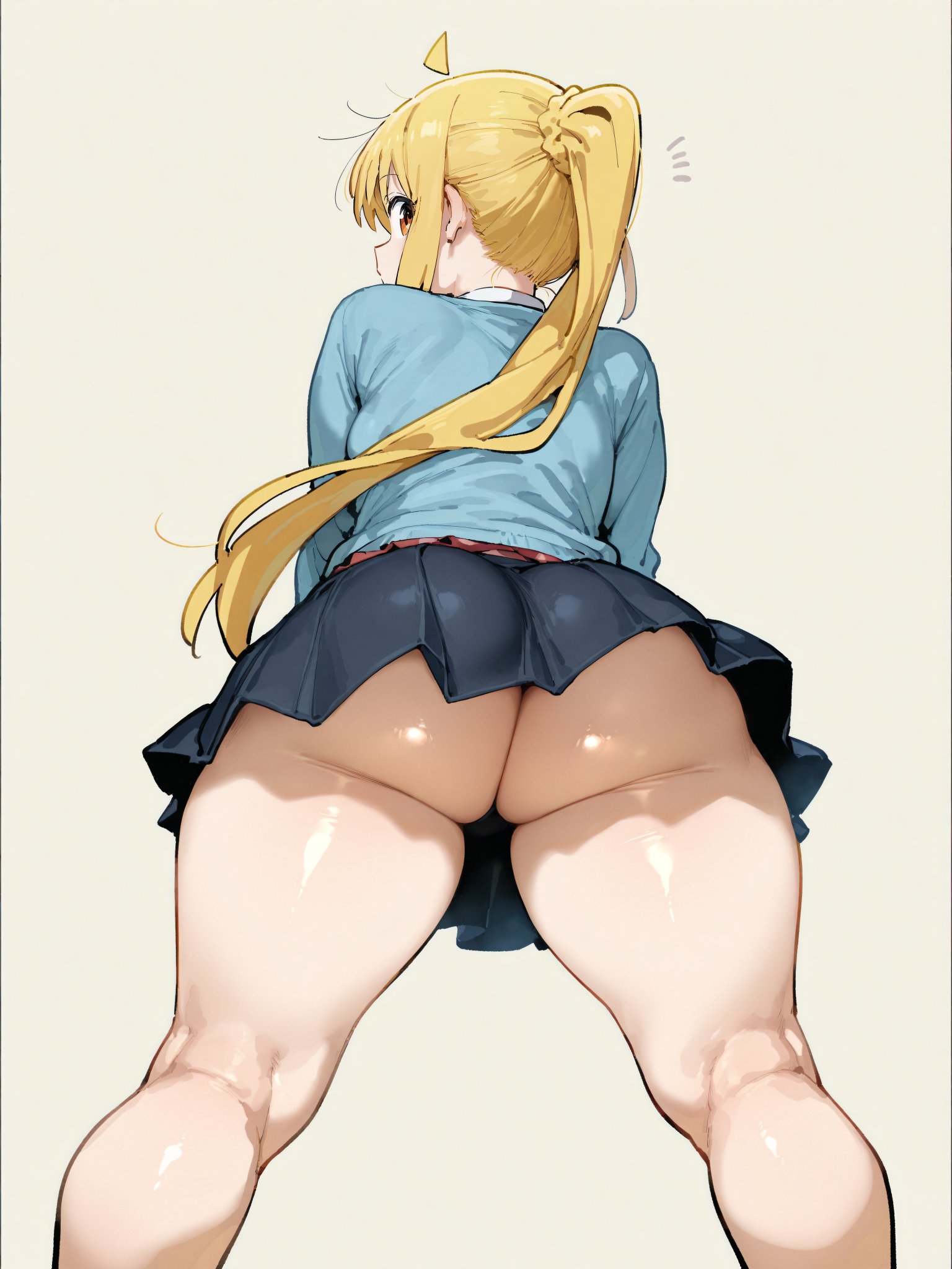 ai generated, ass, back view, bare thighs, big ass, big butt, blonde hair, bocchi the rock!, brown eyes, fat ass, female, gigantic ass, huge thighs, ijichi nijika, light skin, light-skinned female, looking back, low-angle view, massive ass, no panties, oatmealdood, ponytail, solo female, squatting, sweat, sweatdrop, thick body, thick female, thick thighs, thighs, upskirt, voluptuous, voluptuous female