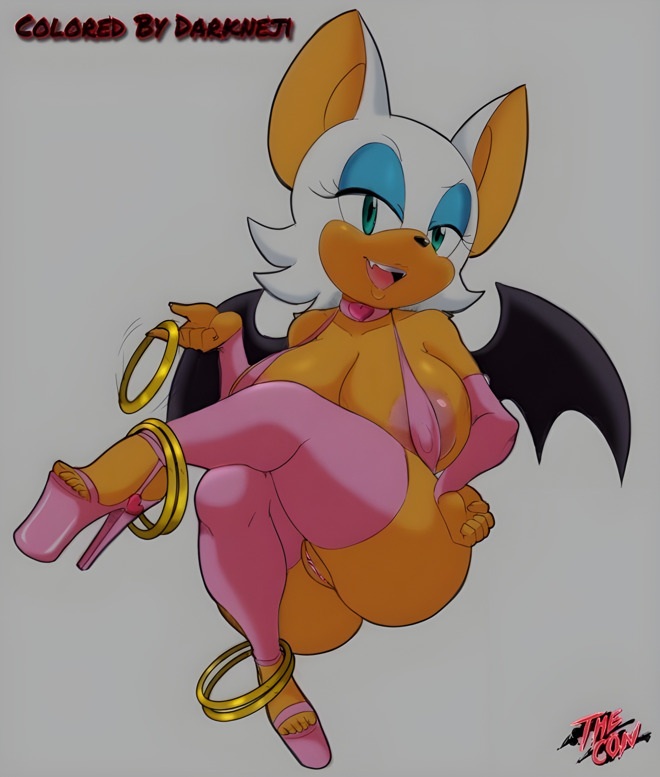1girls, 2d, anthro, areolae, ass, bat, bat wings, bikini, bikini top, bottomless, breasts, choker, clothed, clothing, colored, crossed legs, darkneji, eyelashes, eyeshadow, feet, female, footwear, high heels, large breasts, makeup, mammal, membranous wings, mobian, mobian (species), mobian bat, open mouth, open smile, open toe shoes, platform footwear, platform heels, pussy, ring, rings, rouge the bat, sega, shoes, shortstack, smile, solo, sonic (series), sonic adventure 2, sonic the hedgehog (series), stripper heels, swimsuit, thecon, thick lips, thighhighs, toes, wings