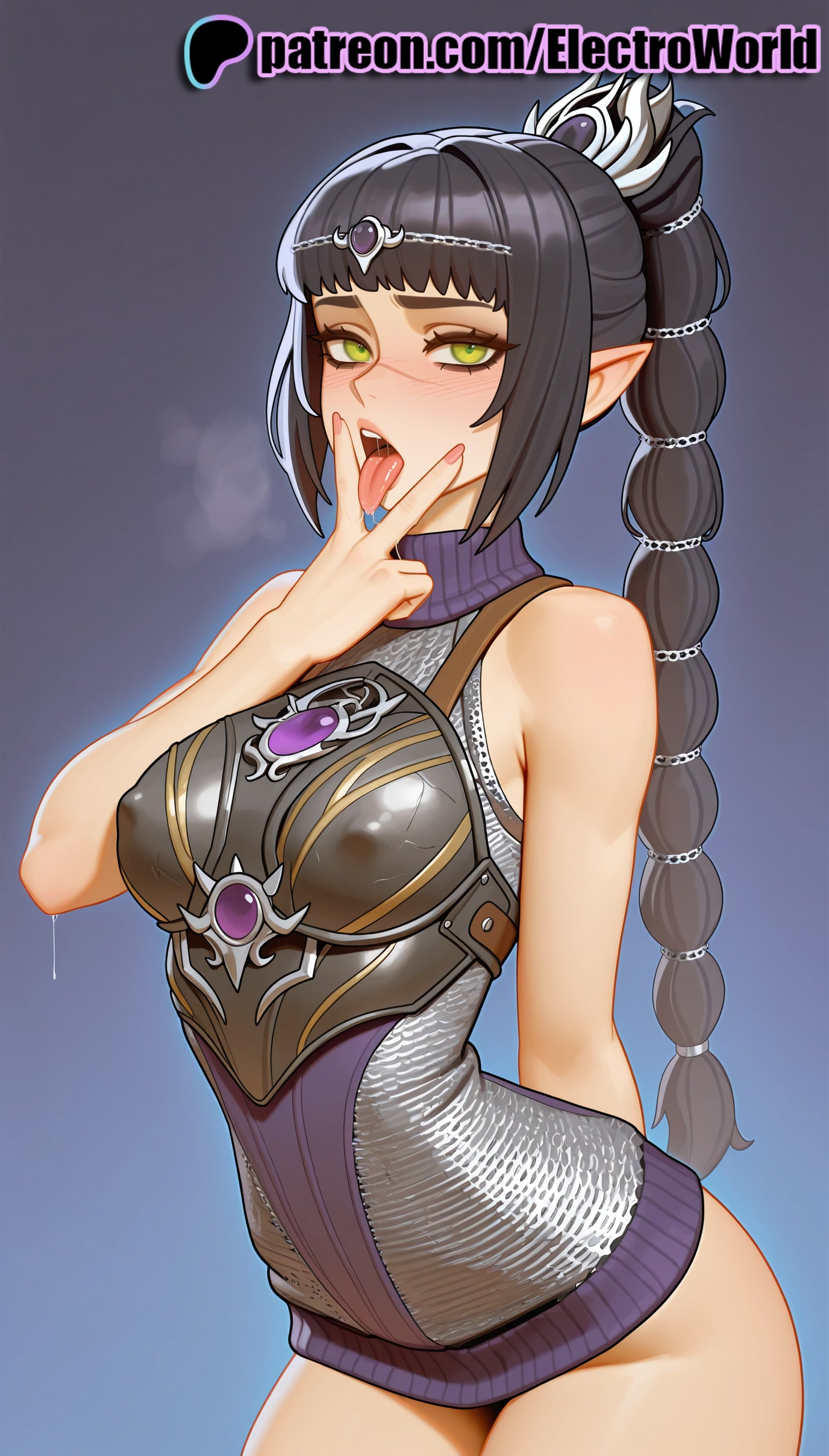 1girls, 2025, ai generated, artist name, baldur's gate 3, bangs, black hair, blunt bangs, blush, braid, breasts, breath, bust, chest, covered nipples, electroworld, elf, fellatio gesture, female, green eyes, heavy breathing, hi res, high quality, high resolution, highres, long hair, patreon, patreon username, pointy ears, see-through, shadowheart, solo, stable diffusion, tongue, tongue out, watermark