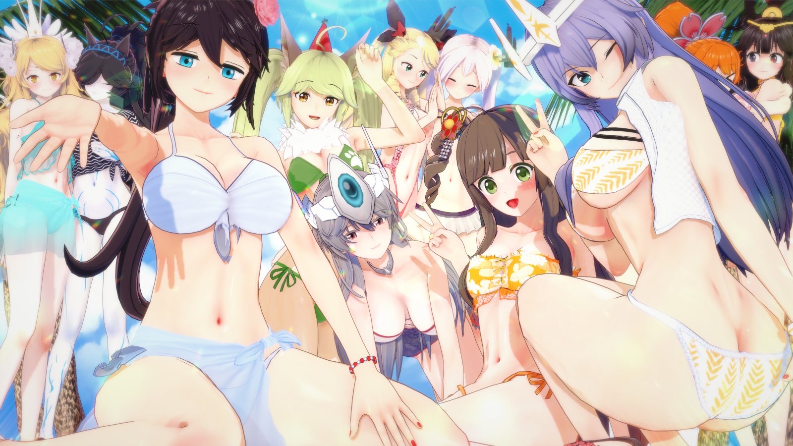 > <, 11girls, 3d, ahoge, amaterasu (battle cats), aphrodite (the battle cats), ass, back view, beach, big ass, big breasts, bikini, black hair, blue eyes, breasts, brown eyes, brown hair, crown, female, flower, footwear, gray hair, green eyes, green hair, headmistress jeanne, huge breasts, huge thighs, jewelry, kalisa (battle cats), kasli the bane, kasli the scourge, kyosaka nanaho, long hair, mitama (battle cats), myrcia, navel, orange hair, pink hair, ponytail, purple hair, ribbon, smile, swimsuit, the battle cats, thighs, twintails, valkyrie cat, white hair, wink, wolf princess deale, yellow eyes, yellow hair