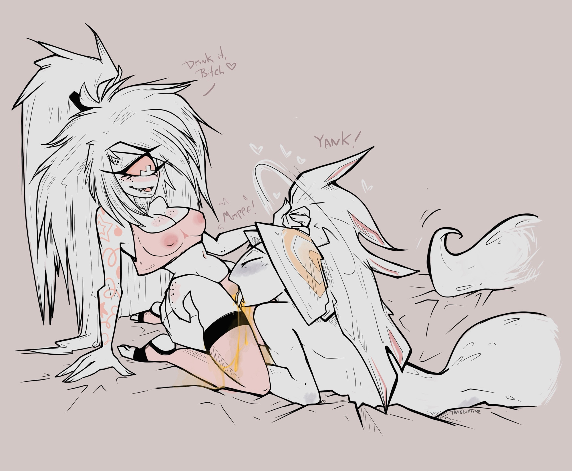 1boy, 1boy1girl, 1girls, 2025, 2d, bedding, blush, breasts, cherri bomb, cherri bomb (hazbin hotel), cherrisnake, color, command, cyclops, drinking, drinking pee, english, english text, female, freckles, freckles on ass, freckles on breasts, freckles on face, hazbin hotel, male, nipples, nipples visible through clothing, peeing, peeing in mouth, peeing on another, piss drinking, pissing in mouth, pissing on another, plain background, sheets, sir pentious, sir pentious (hazbin hotel), snake, socks, text, text bubble, twiggietime, urine, urine on face, urine stream, vivienne medrano, watermark, watersports