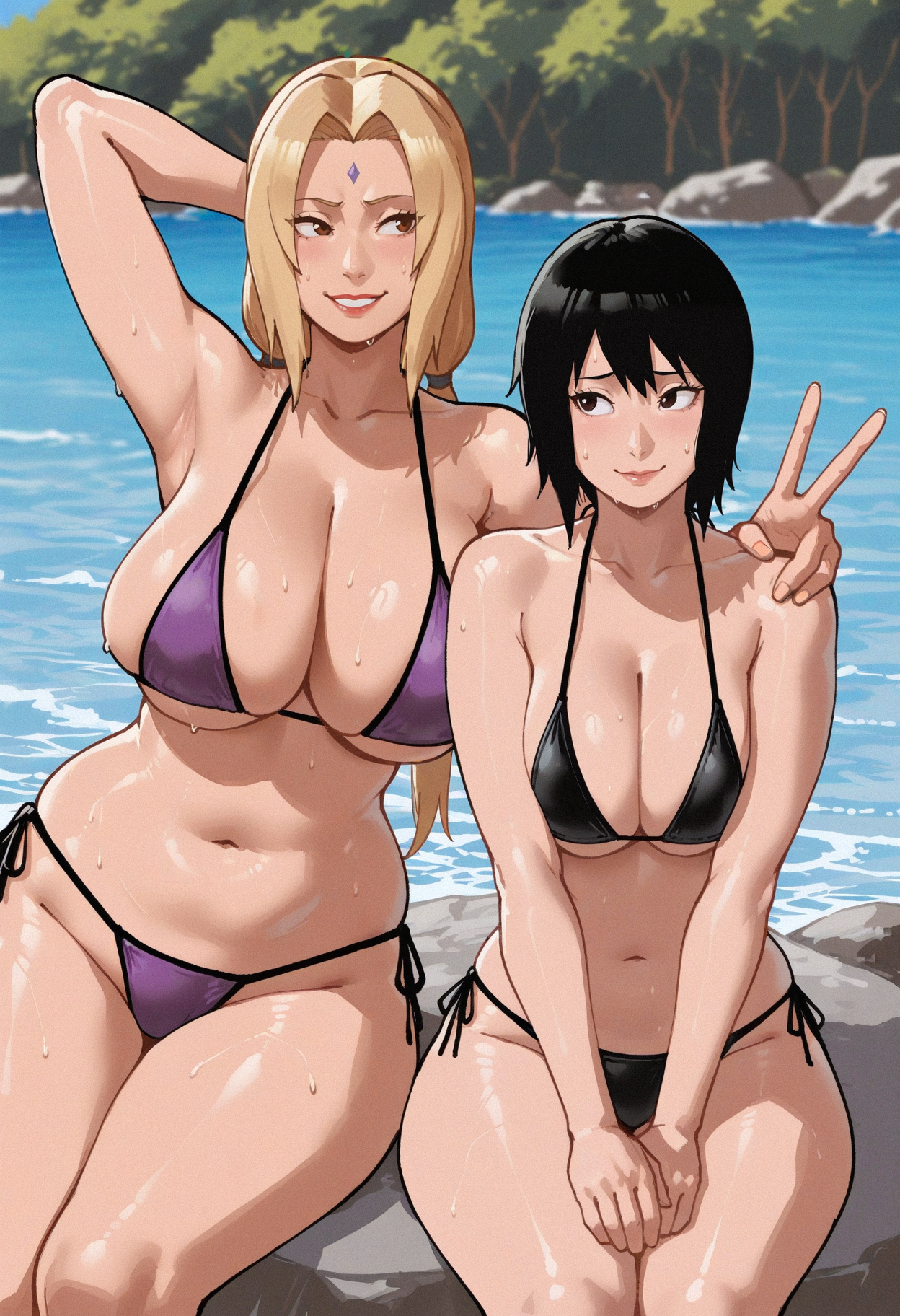 2girls, age difference, ai generated, arm behind head, arm up, beach, big breasts, bikini bottom, bikini top, black bikini, black eyes, black hair, blonde hair, boruto: naruto next generations, breasts, brown eyes, busty, cleavage, curvaceous, curvy, curvy figure, embarrassed, female, female focus, female only, hand on shoulder, height difference, huge breasts, implied yuri, large breasts, legs together, lipstick, looking at partner, looking away, looking to the side, makeup, mature, mature female, medium breasts, milf, multiple females, multiple girls, naruto, naruto (classic), naruto (series), naruto shippuden, naruto: the last, nervous, nervous smile, ocean, older female, one arm up, outdoors, ozyvan, peace sign, pinup, purple bikini, revealing swimsuit, rocks, sagging breasts, seaside, shizune, side-tie bikini, side-tie bikini bottom, sitting, size difference, skimpy, skimpy bikini, suggestive look, suggestive pose, sweat, take your pick, teacher and student, thick thighs, thighs, tsunade, v sign, voluptuous, voluptuous female, wet, wet body, wet skin, wide hips, younger female
