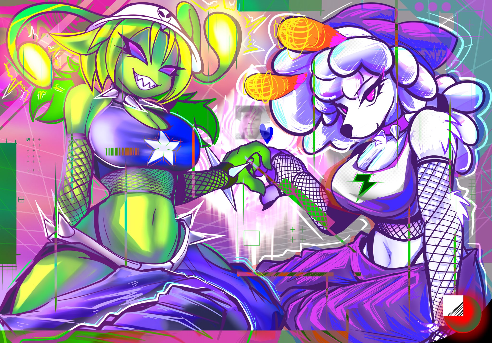 2girls, alien, alien girl, antennae (anatomy), big breasts, booventhealien, breasts, cleavage, female, female only, fishnets, furry, furry female, gloopy (booventhealien), hat, heart, looking at viewer, original characters, purple eyes, sharlie (lazygoobster), sharp teeth, spikes, thighs, thong, twitter, twitter link, twitter user oc