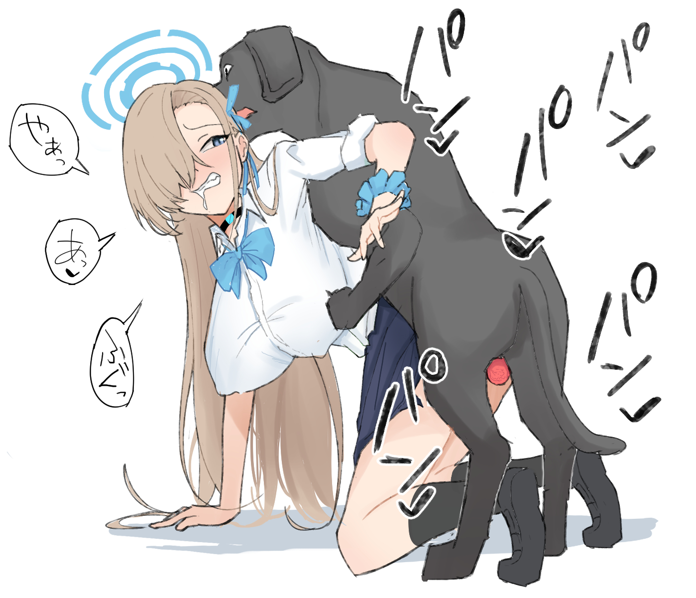 1boy, 1girls, all fours, animal genitalia, animal penis, asuna (blue archive), baishion, blonde hair, blue archive, blue eyes, blush, breasts, canid, canine, canine genitalia, canine penis, canis, clothed, clothed sex, clothing, dialogue, dog, dog penis, doggy style, domestic dog, female, hair over one eye, heart, huge breasts, japanese text, male, male/female, one eye covered, open mouth, penis, simple background, speech bubble, text, white background, zoophilia