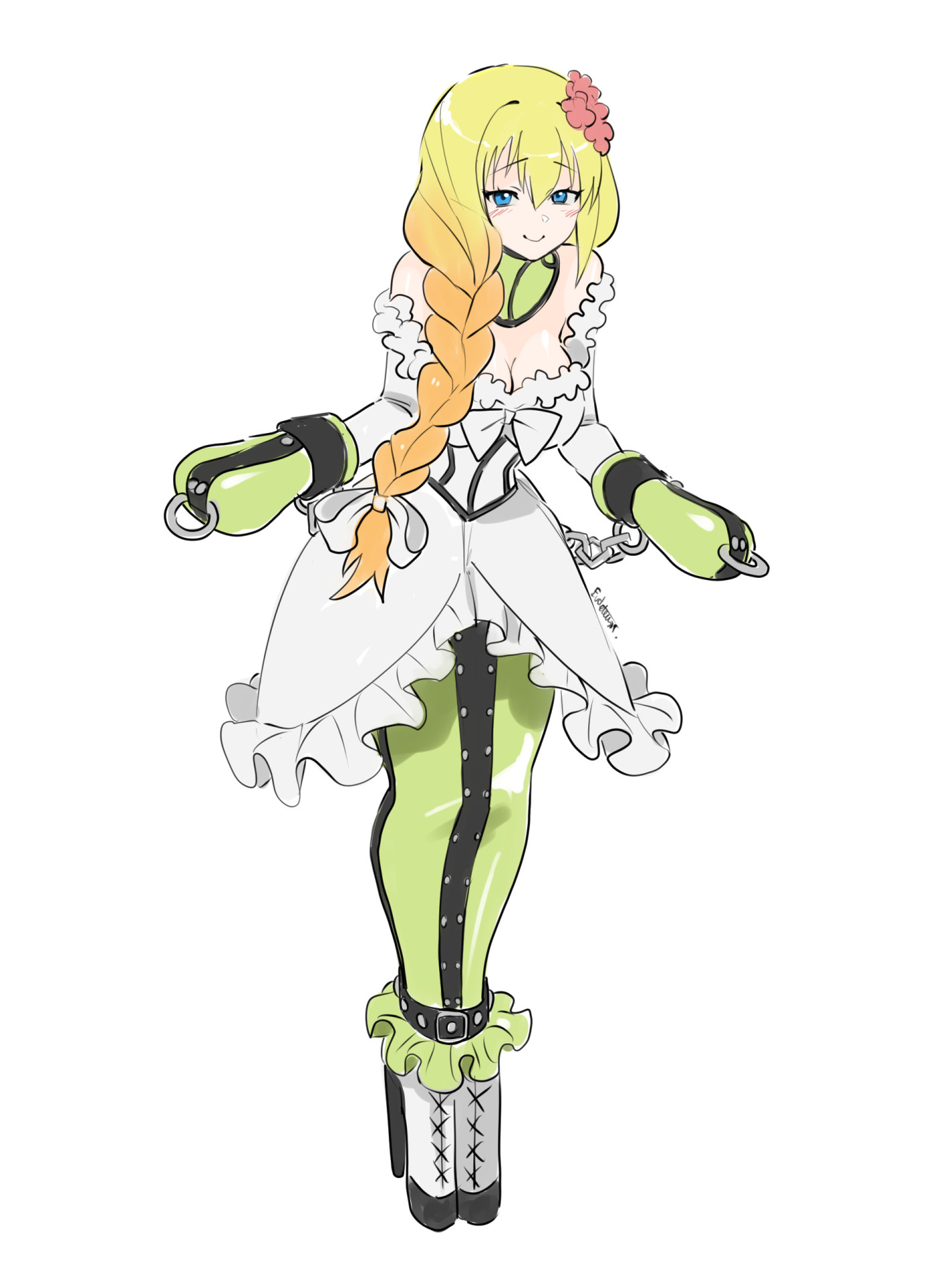1girls, ballet boots, ballet heels, bondage, bondage gloves, bondage mittens, bound, bound hands, braid, breasts, chains, cleavage, collar, collared, darkness (konosuba), dress, eudetenis, female, female only, femsub, fully clothed, high heels, hobble skirt, hobbled, kono subarashii sekai ni shukufuku wo!, latex, latex clothing, latex skirt, legbinder, neck corset, posture collar, very high heels