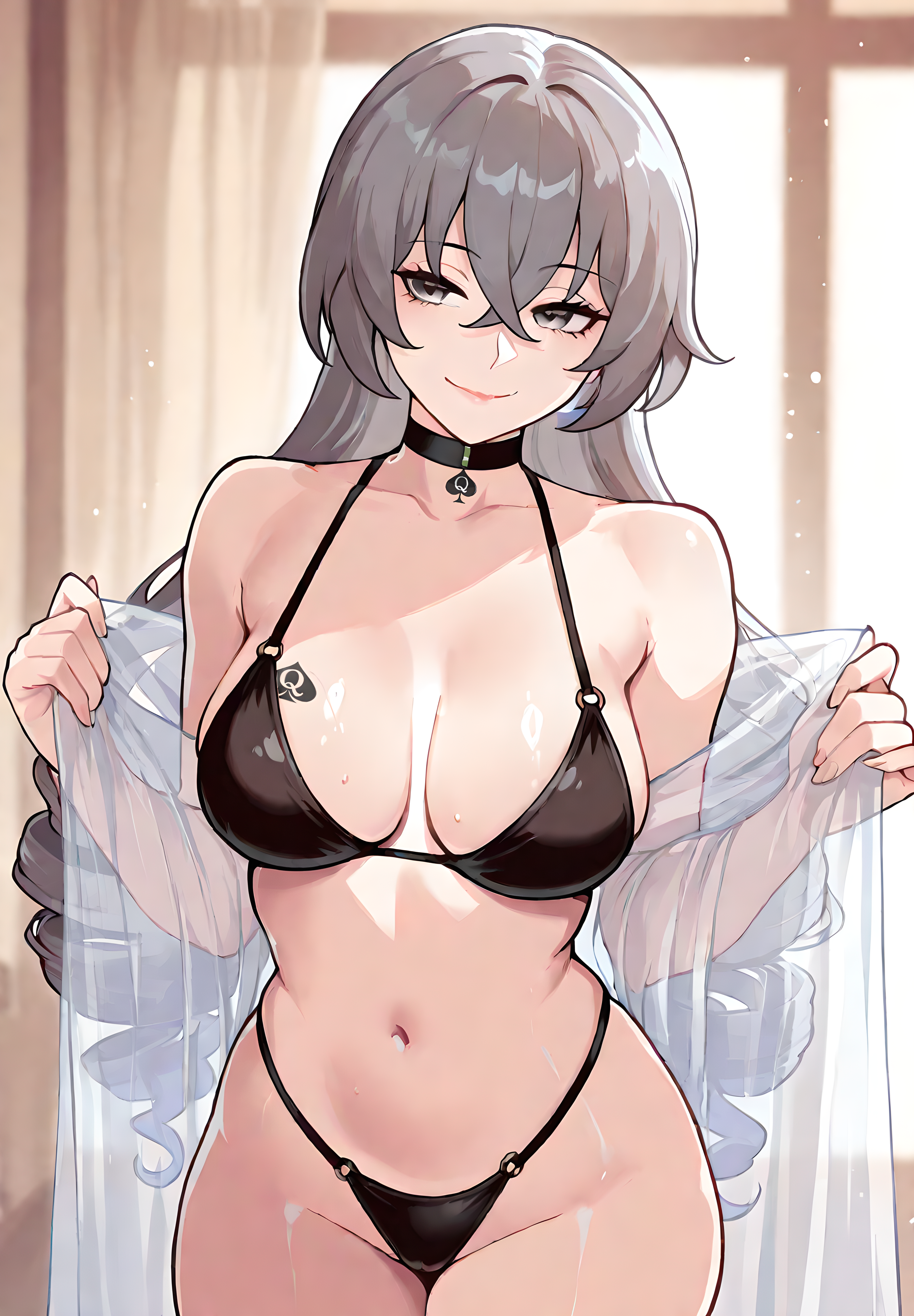 1girls, ai generated, bikini, black bikini, blackedcommiss1, bronya rand, female, honkai (series), honkai: star rail, hoyoverse, looking at viewer, mihoyo, queen of spades, queen of spades symbol, tattoo, translucent, transparent clothing