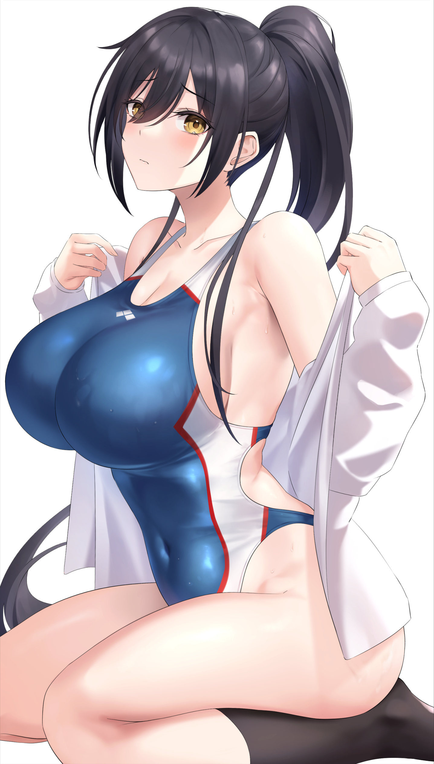 armpit crease, ass, bare shoulders, belly button visible through clothing, black hair, black socks, blue swimsuit, blush, breasts, closed mouth, collarbone, competition swimsuit, embarrassed, feet out of frame, female, huge breasts, idolmaster, idolmaster shiny colors, knee socks, kneehighs, kneesocks, long hair, long sleeves, on knees, one-piece swimsuit, ponytail, sateridas, shirase sakuya, shirt, socks, swimsuit, thick thighs, thighs, undressing, white shirt, yellow eyes