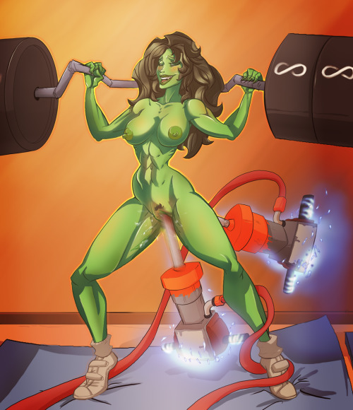 1girls abs anal big_breasts black_hair blush breasts chogori double_penetration female female_only fucked_silly green_body green_skin hulk_(series) jackhammer makeshift_sex_toy marvel marvel_comics masturbation naked naked_female nipples orgasm_face pubic_hair she-hulk shoes solo standing tagme toned toned_female vaginal weightlifting weights