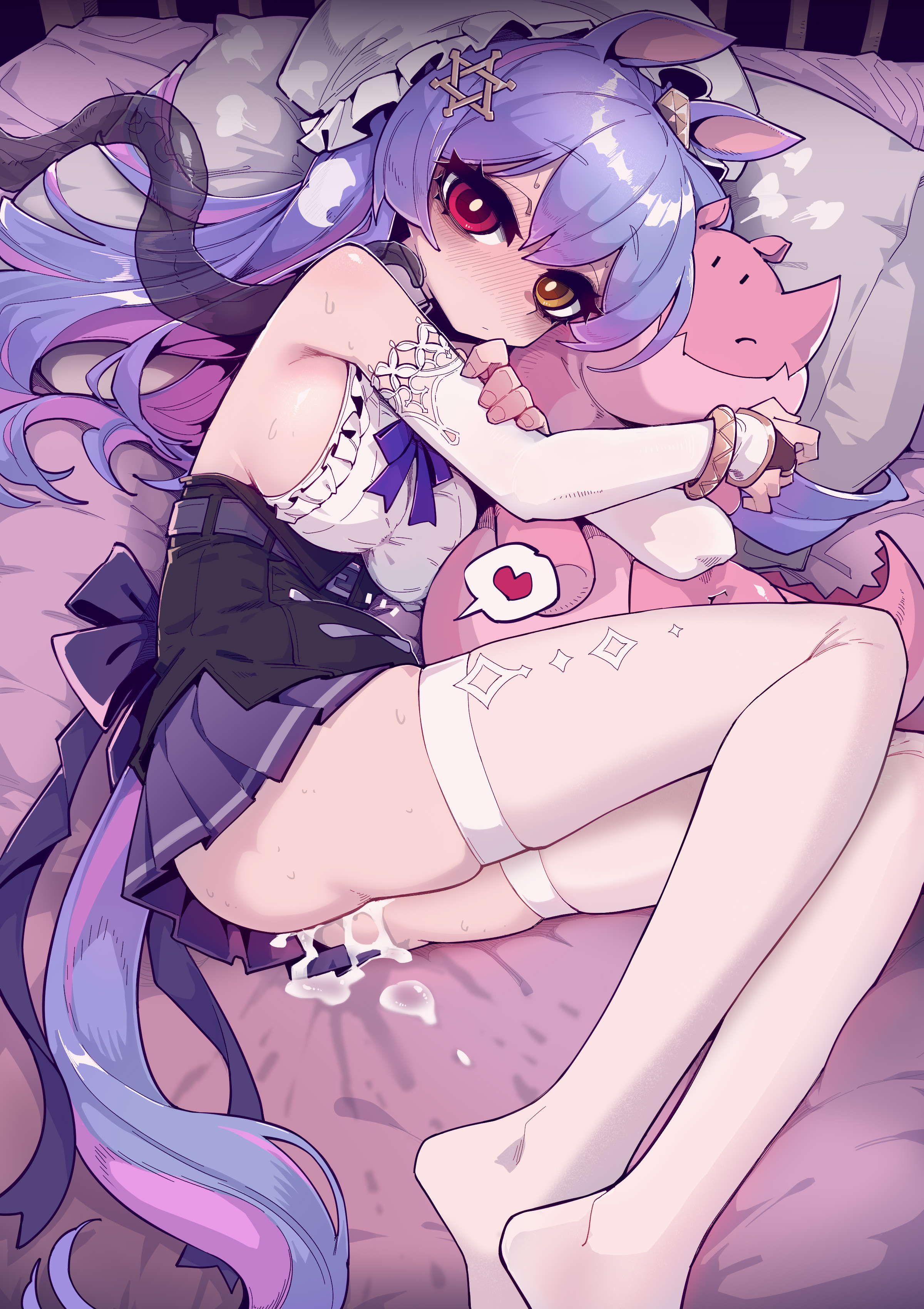 1girls, after anal, after sex, after vaginal, animal ears, ass, bare shoulders, breasts, cum, cum drip, cum in pussy, cum inside, cum leaking, dress, elbow gloves, emotionless, eyelashes, female, female focus, gloves, hairclip, heterochromia, highres, hugging object, hugging plushie, imazawa, implied impregnation, indoors, kemonomimi, legs, legwear, long hair, looking at viewer, on bed, original, original character, partially clothed, pillow, purple hair, pussy, red eyes, sideboob, slender thighs, spoken heart, stained sheets, stockings, tail, thighs, unprotected sex, white legwear, white stockings, yellow eyes