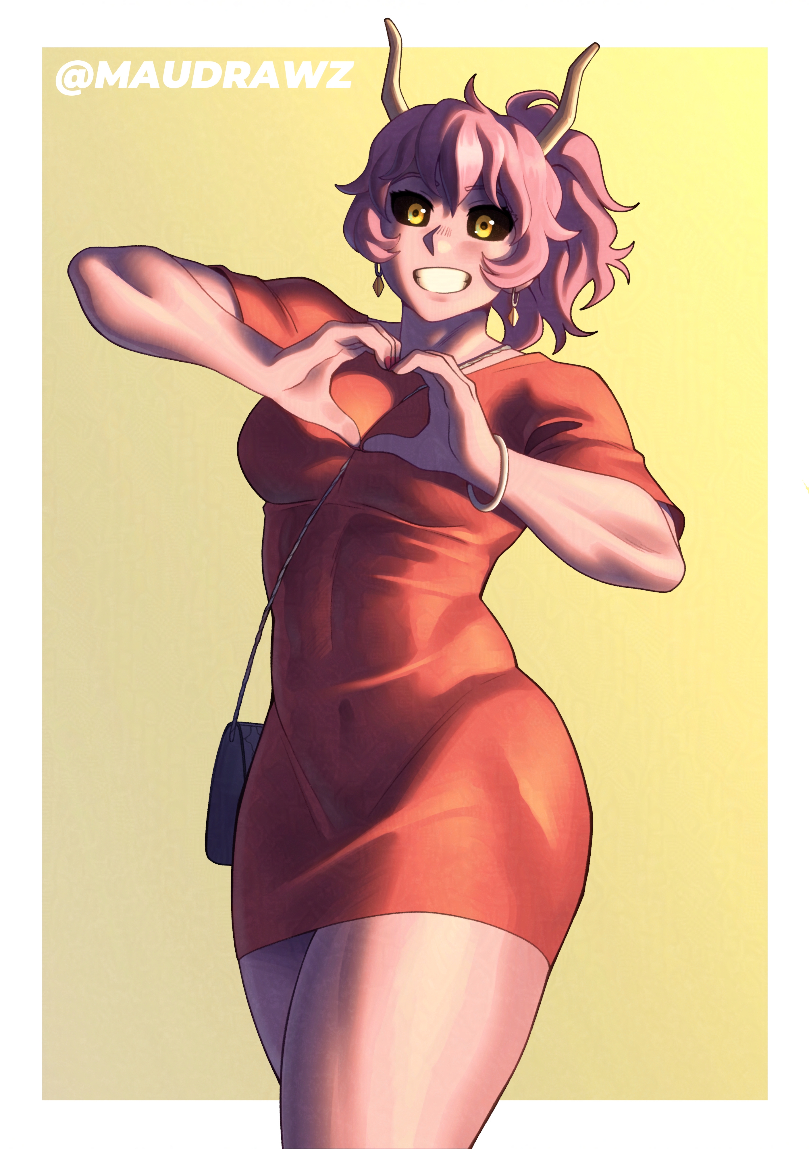1girls, antennae, artist name, black sclera, boku no hero academia, browntable enc, dress, earrings, female, female only, fit, fit female, heart hands, looking at viewer, maudrawz, mina ashido, my hero academia, pink hair, pink skin, pink-haired female, purse, sfw, short dress, simple background, smiling, smiling at viewer, solo, solo female, tight clothing, tight dress, white border, yellow background, yellow eyes