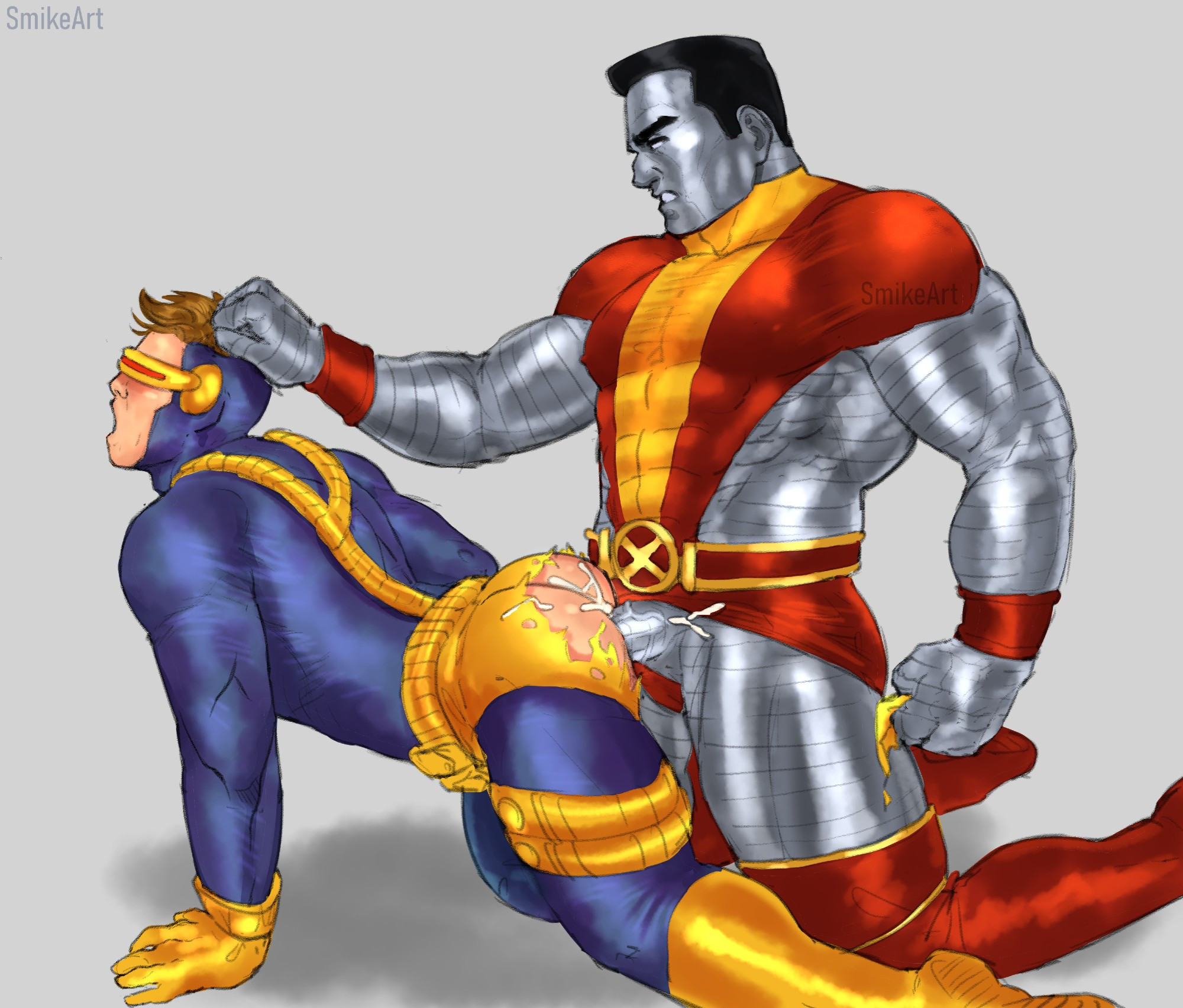 2021, 2boys, abs, ass, bara, big ass, big ass (male), big butt, big butt (male), black hair, blush, brown hair, bubble ass, bubble butt, colossus, cum, cum in ass, cum inside, cumshot, cyclops (x-men), doggy style, gay, gay sex, hair pull, hair pulled back, hate sex, male, male only, male penetrated, male penetrating, male penetrating male, marvel, marvel comics, muscles, muscles through clothes, muscular, muscular male, open mouth, piotr rasputin, ripped clothing, ripped pants, scott summers, size difference, smikeart, straps, straps across chest, superhero, superhero costume, thick ass, thick thighs, torn underwear, underwear, utility belt, visor, x-men, yaoi, yellow underwear