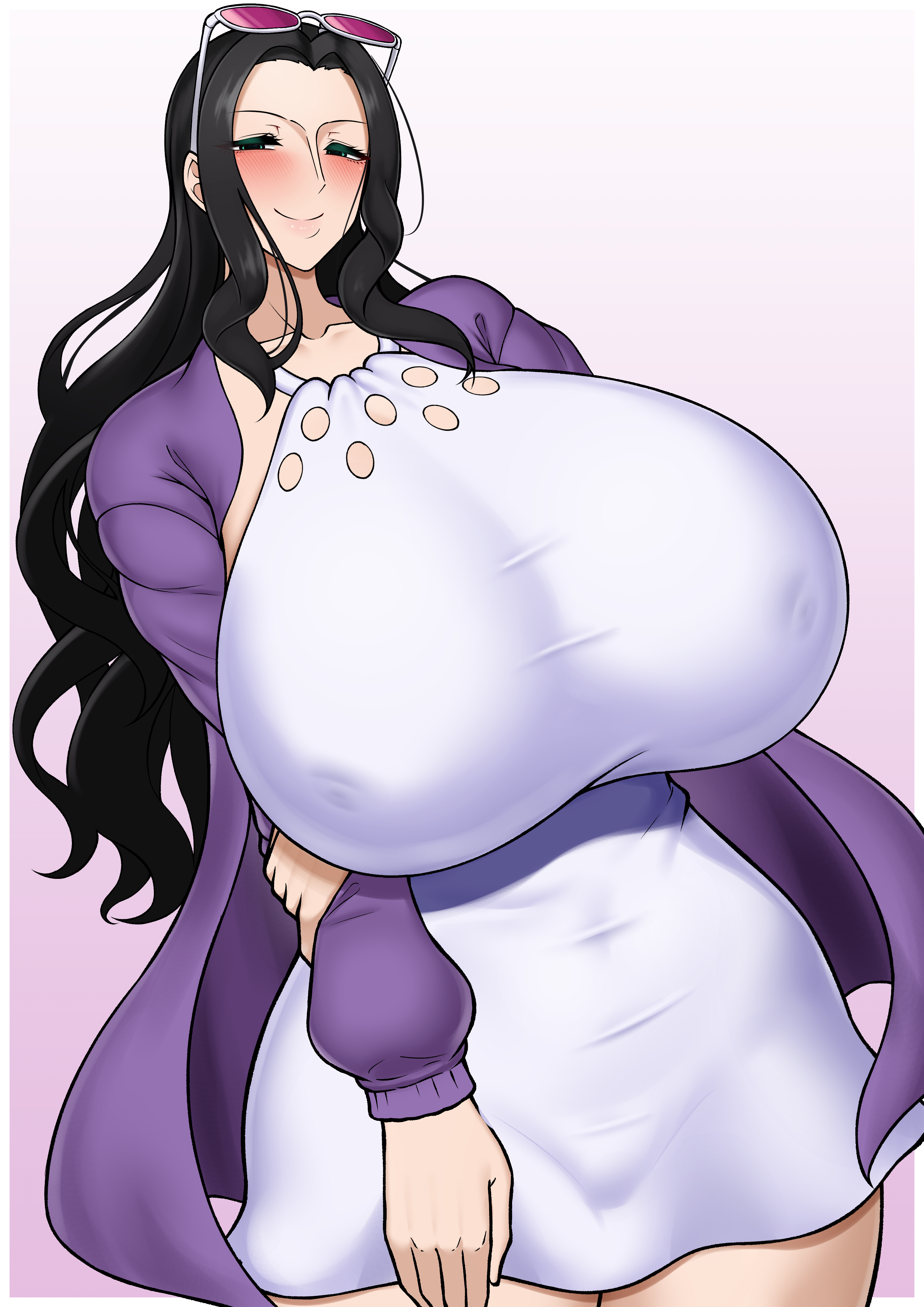 1girls, big breasts, black hair, blush, breasts, dress, female, female only, glasses, gorio, huge breasts, long hair, nico robin, nipples, nipples visible through clothing, one piece, shounen jump, smile, thick thighs, tight clothing, wide hips