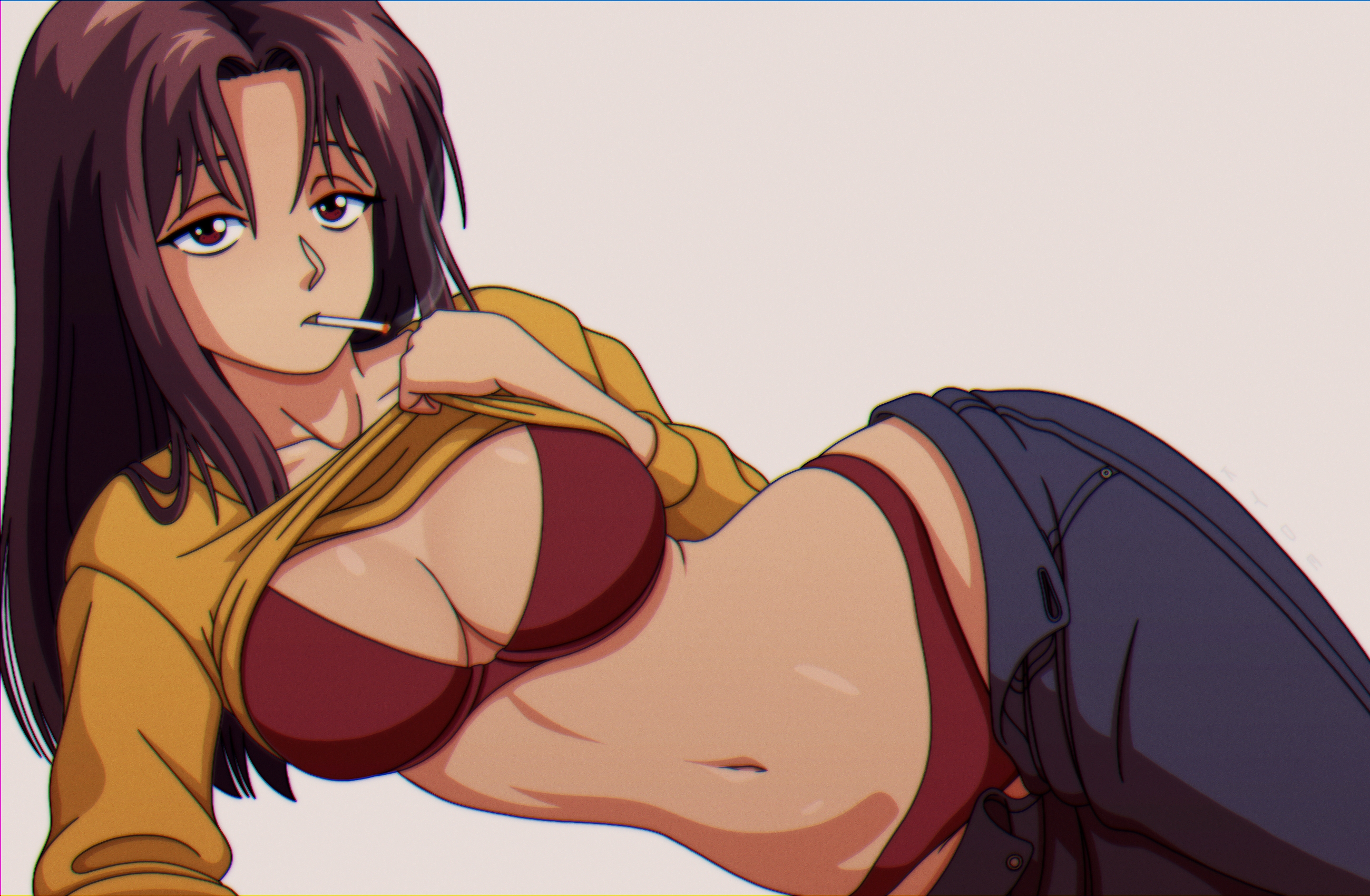 1girls, alternate version available, atsuko urameshi, belly, big breasts, blue pants, bottomwear, bra, breasts, brown eyes, brown hair, cigarette, cleavage, clothing, female, female only, hair, hips, jeans, kyde, long hair, mature, mature female, mature woman, milf, mother, on side, panties, pants, pants down, red bra, red panties, shirt, shirt lift, smoke, solo, solo female, topwear, unbuttoned pants, yellow shirt, yu yu hakusho