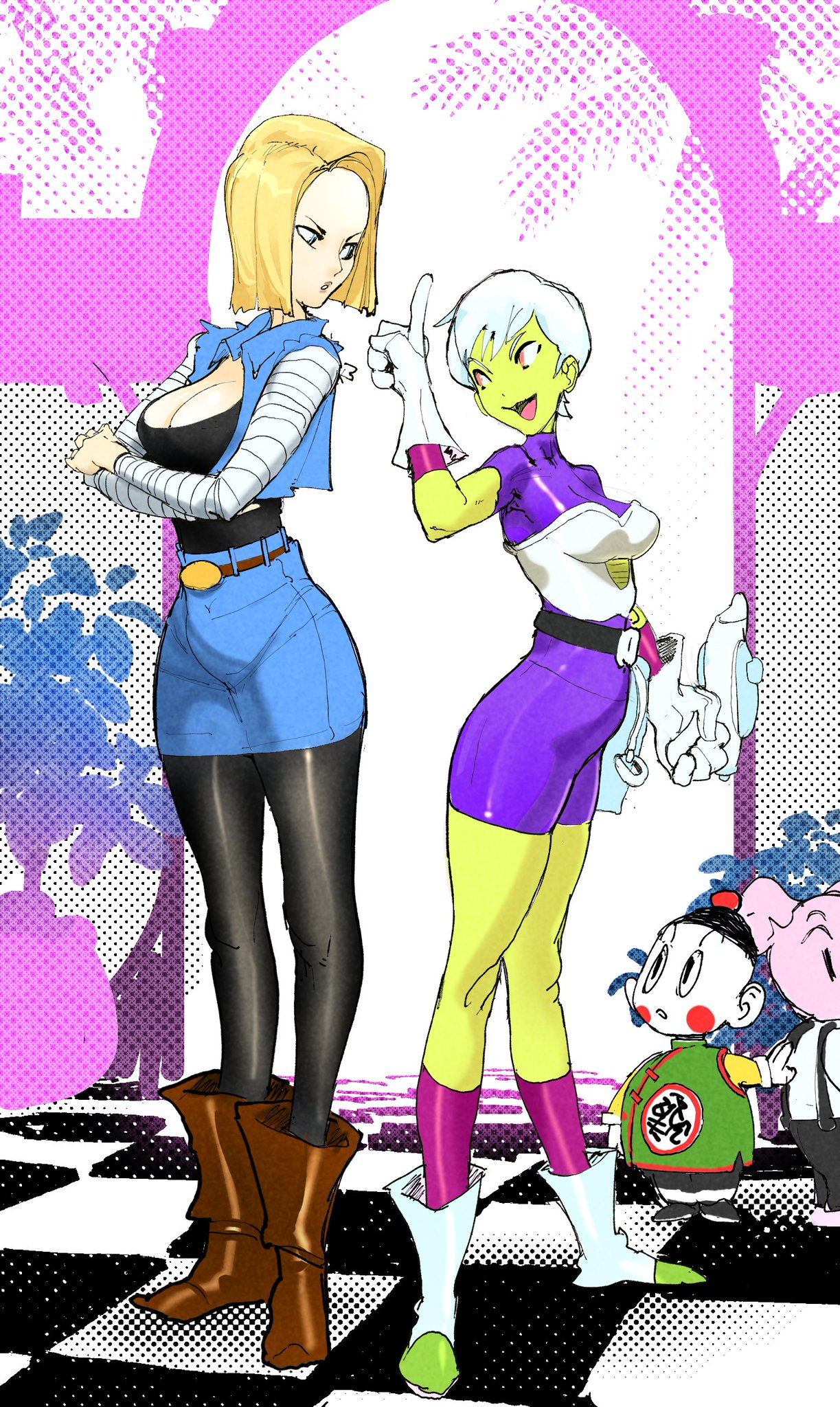 2d, android 18, ass, big ass, big breasts, blonde hair, breasts, cheelai, chiaotzu, chiaotzu (dragon ball super), chiaotzu (dragon ball z), chiaotzu (dragon ball), dragon ball, dragon ball super, dragon ball z, fan art, fat ass, female, labslider, oolong, oolong (character), oolong (dragon ball super), oolong (dragon ball z), oolong (dragon ball), skirt