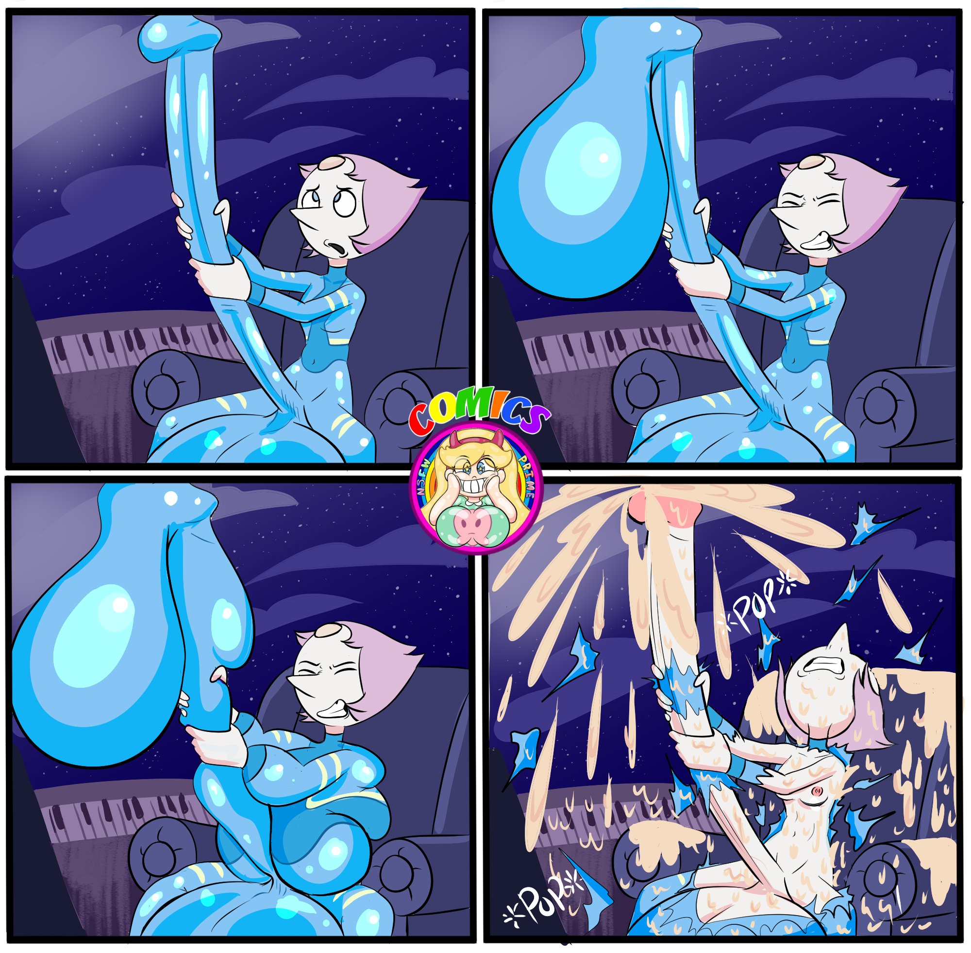 1futa, alien, balls, blue bodysuit, bodysuit, broken bodysuit, broken condom, clothed, clothing, condom, condom suit, cotton, cum, cum in bodysuit, cum in clothes, cumshot, edit, ejaculation, erection, excessive cum, exocomics, futa only, futanari, gem (species), huge balls, huge cock, humanoid, humanoid penis, hyper, hyper balls, hyper cum, hyper penis, intersex, long penis, masturbation, messy, mostly clothed, orgasm, oversized balls, pearl (steven universe), penis, pink hair, sitting, solo, space, steven universe, two-handed masturbation, very long penis, yellow stripes